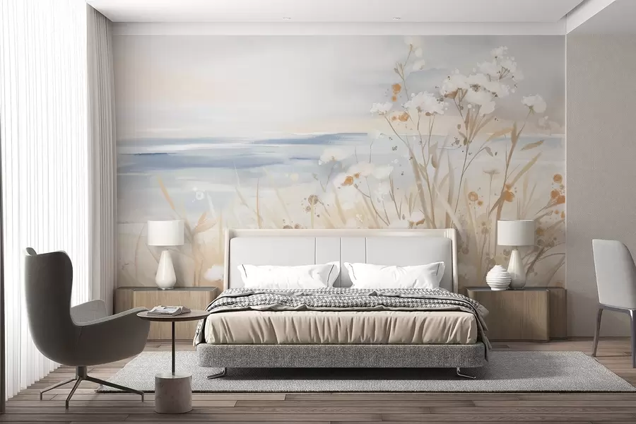 murales de pared Flores abstractas blancas con delicados tallos en una hierba, sobre un fondo suave y apagado de un mar y un cielo en calma  w08740