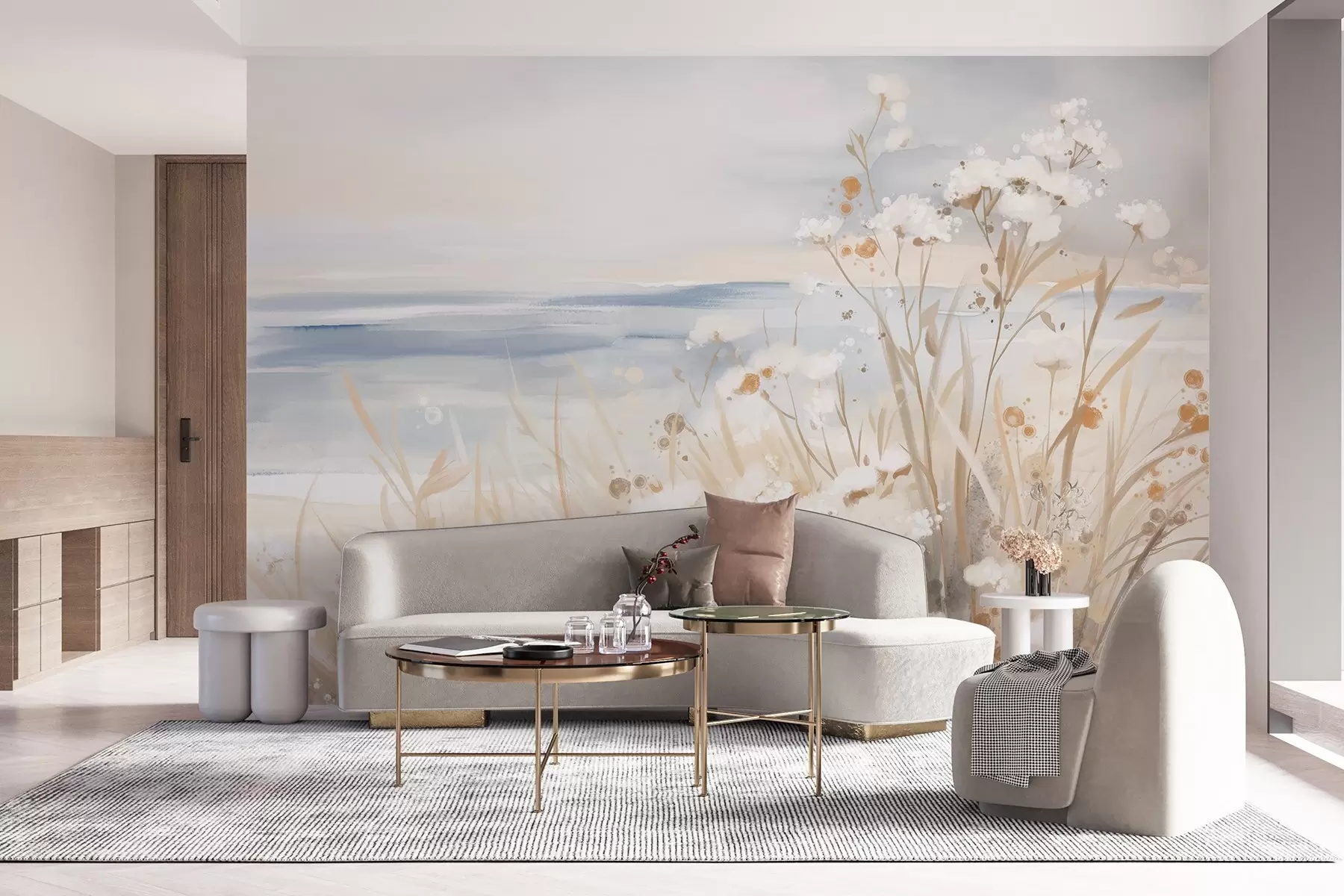 murales de pared Flores abstractas blancas con delicados tallos en una hierba, sobre un fondo suave y apagado de un mar y un cielo en calma  w08740
