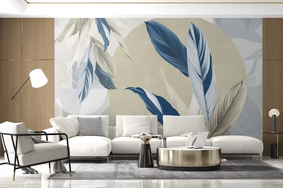 murales de pared Composición geométrica texturada moderna y abstracta con hojas detalladas en tonos azul, beige y blanco w08741