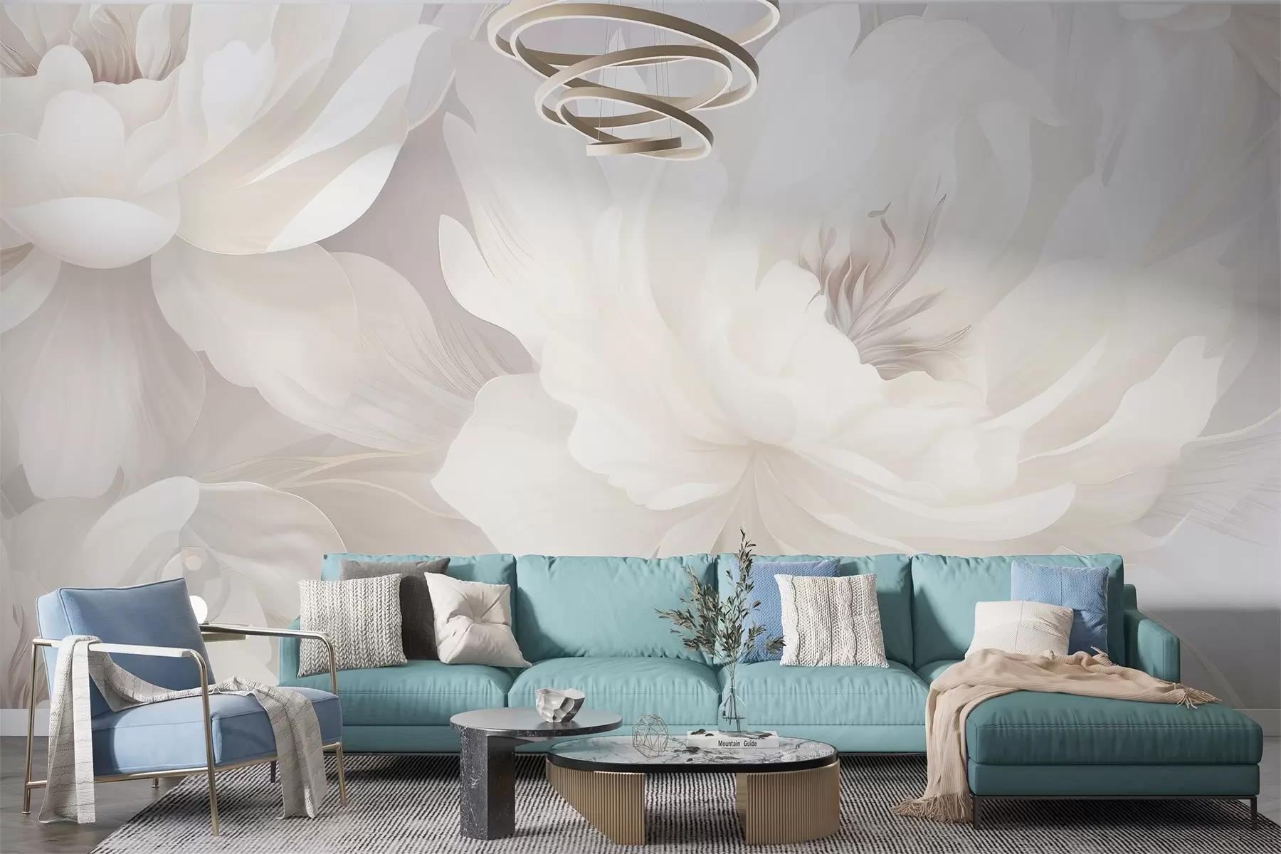 murales de pared Delicadas flores voluminosas en suaves tonos blanco-crema sobre un fondo suave w03045