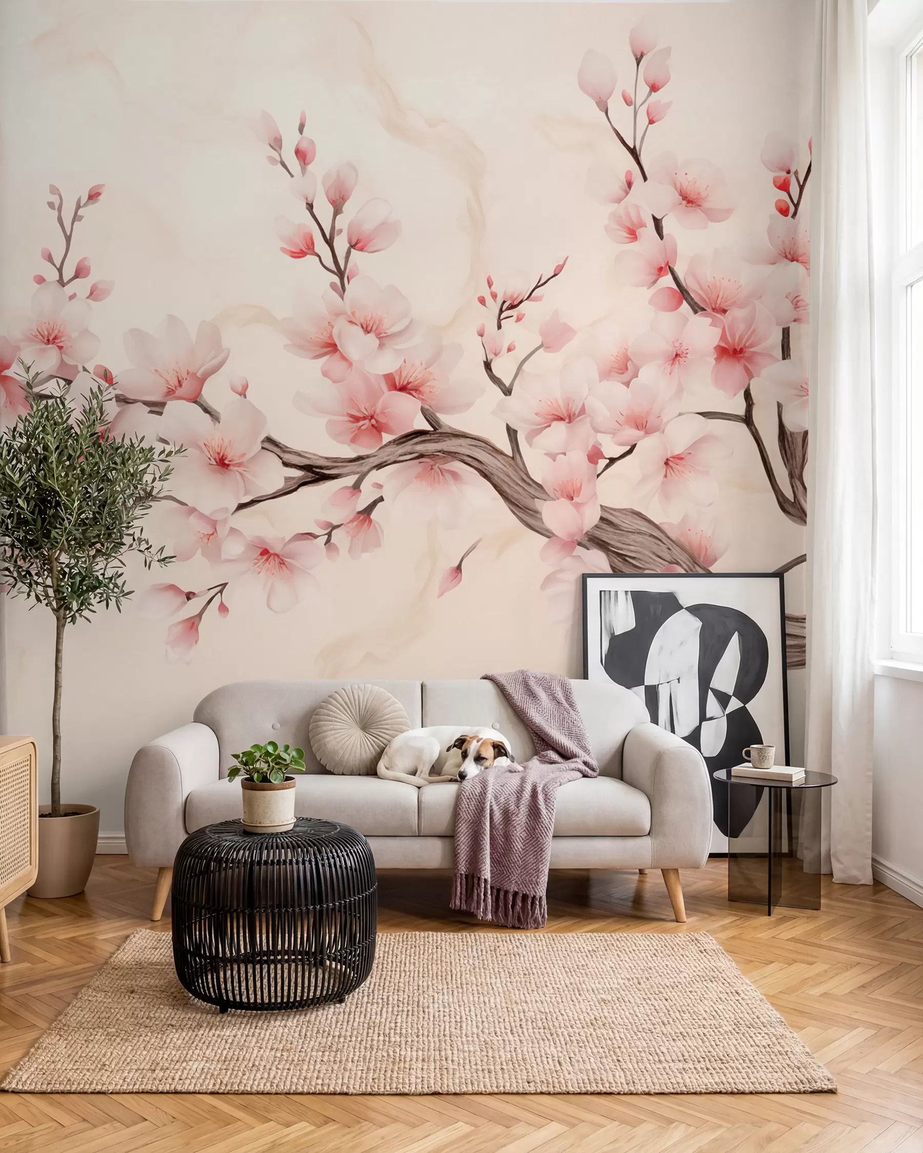 murales de pared Cerezo en flor sobre gris w03079