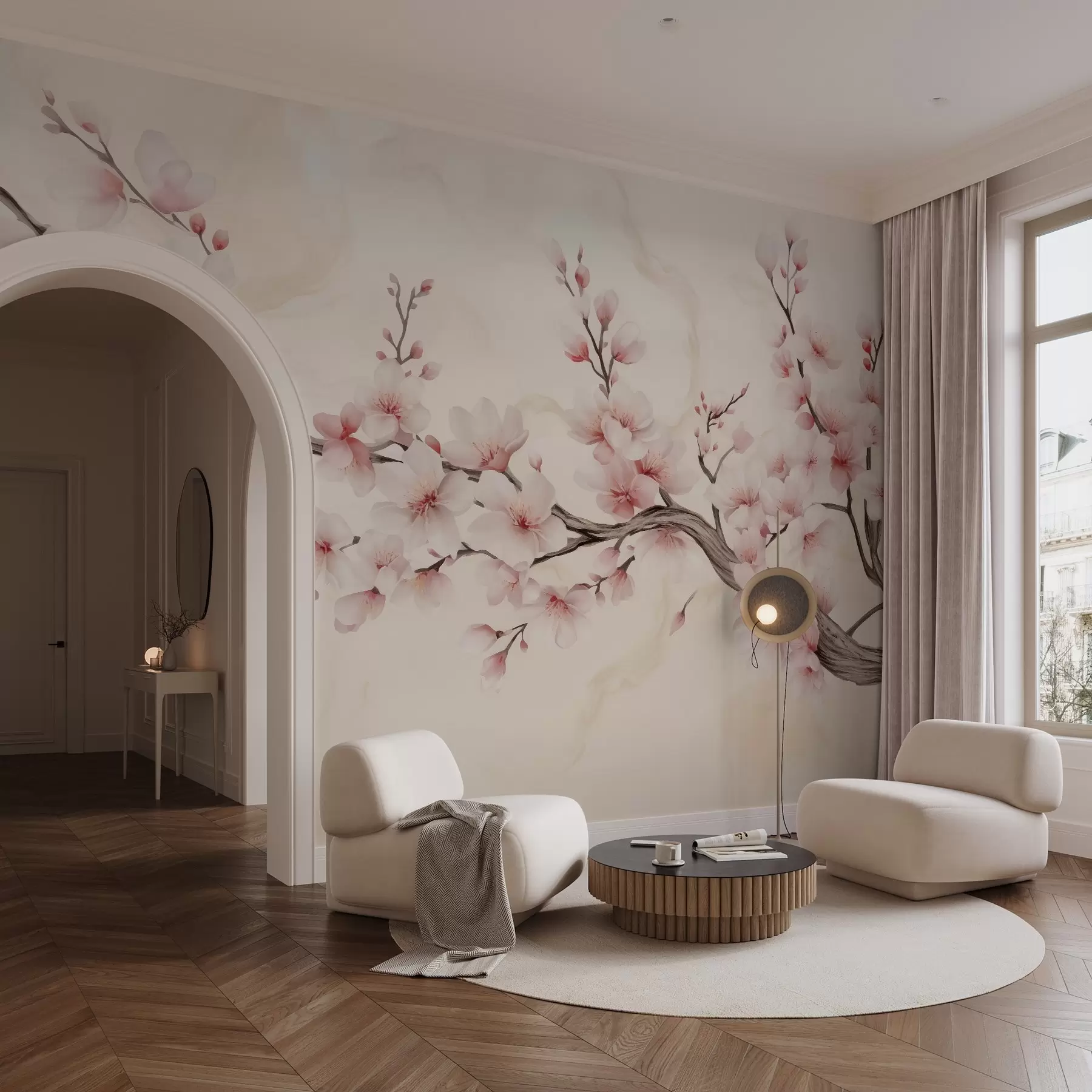murales de pared Una delicada rama de cerezo con flores de color rosa suave sobre un fondo claro w03079