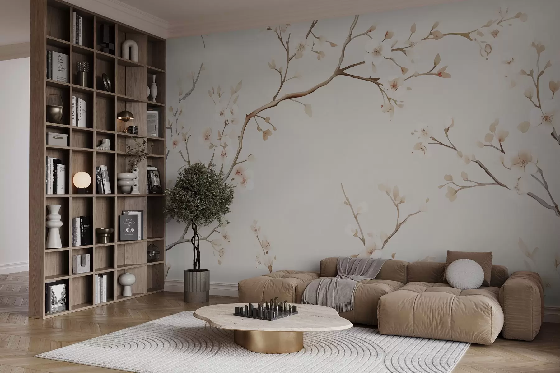murales de pared Delicadas ramas de sakura en flor con suaves pétalos rosas sobre un fondo claro w03081
