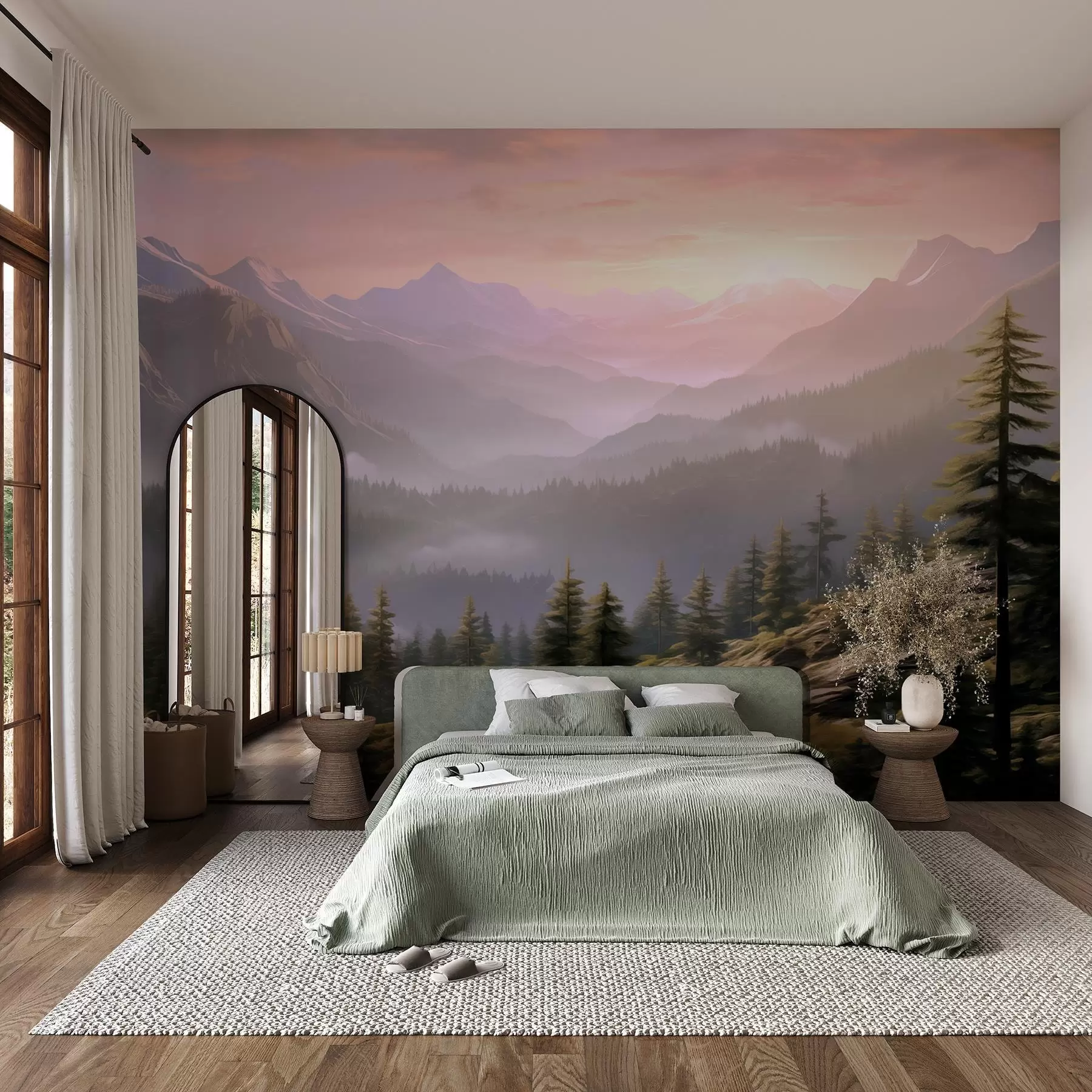 murales de pared Sereno paisaje de montaña al amanecer con suave niebla sobre el fondo de un bosque w08750