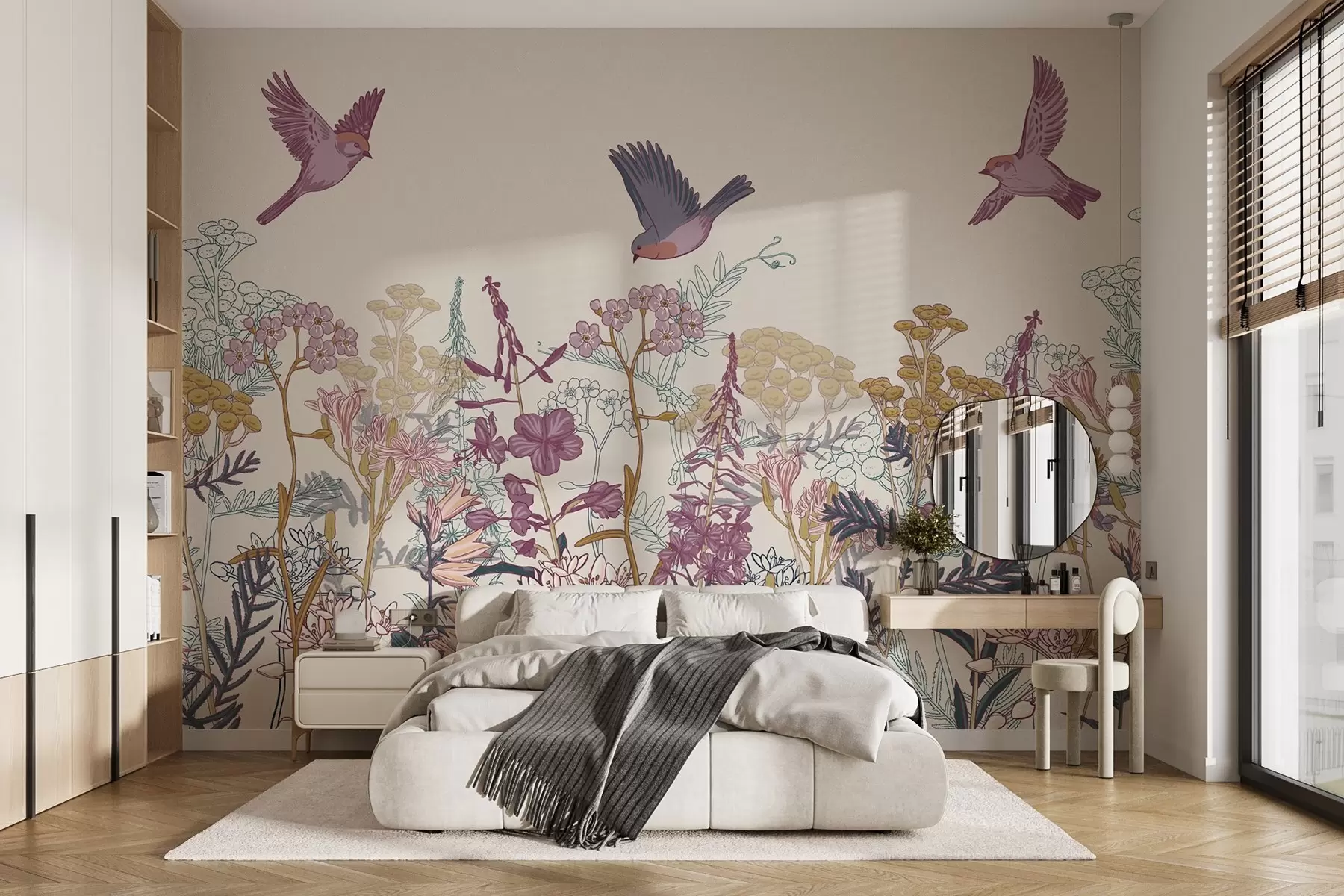murales de pared Flores silvestres y aves pintadas w03102