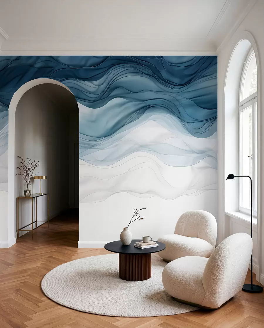 murales de pared Ondas fluidas de texturas translúcidas en tonos azul oscuro, azul claro y blanco sobre un fondo claro  w08775