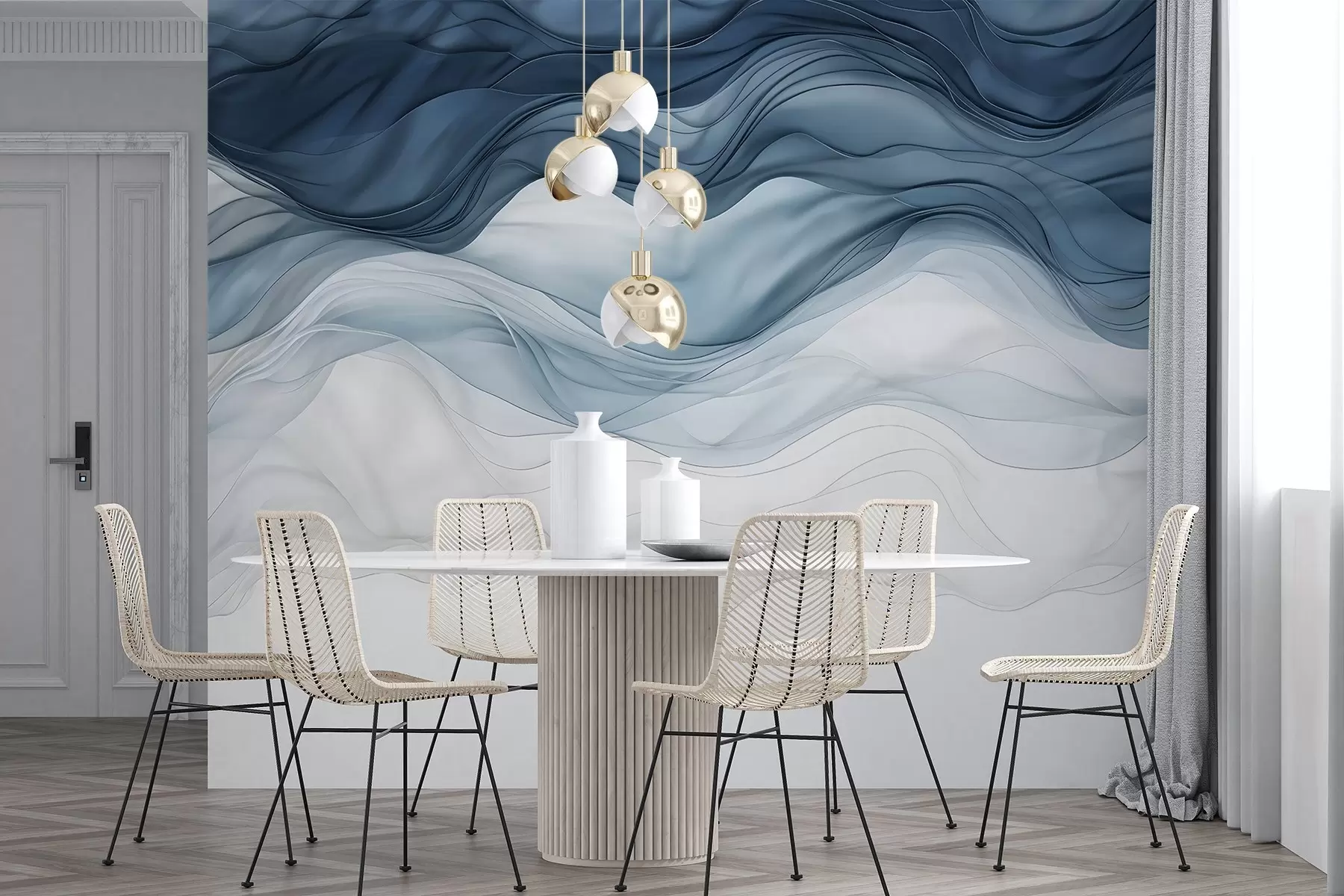 murales de pared Ondas fluidas de texturas translúcidas en tonos azul oscuro, azul claro y blanco sobre un fondo claro  w08775
