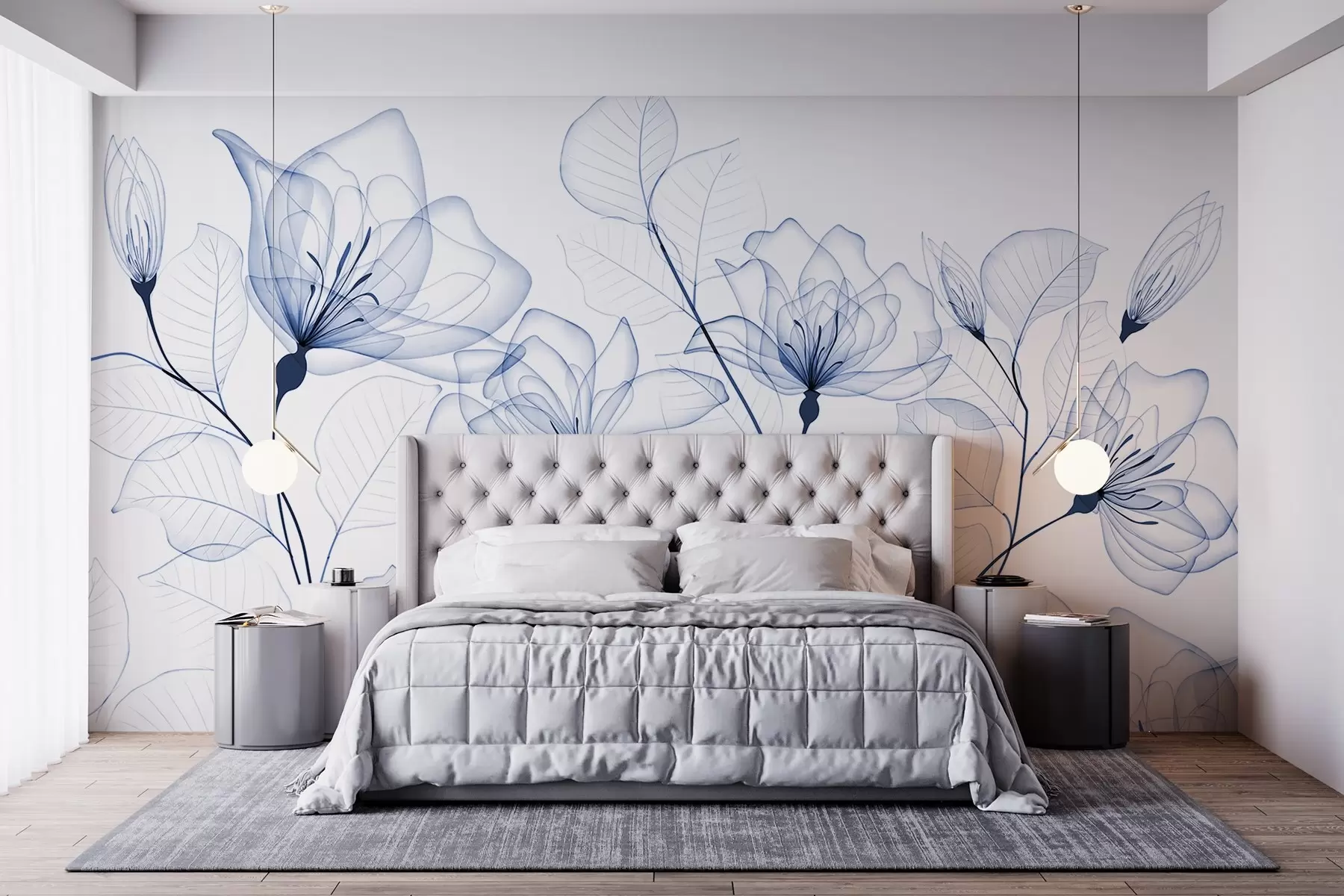 murales de pared Delicadas flores azules minimalistas con pétalos y hojas transparentes, sobre fondo blanco w08776