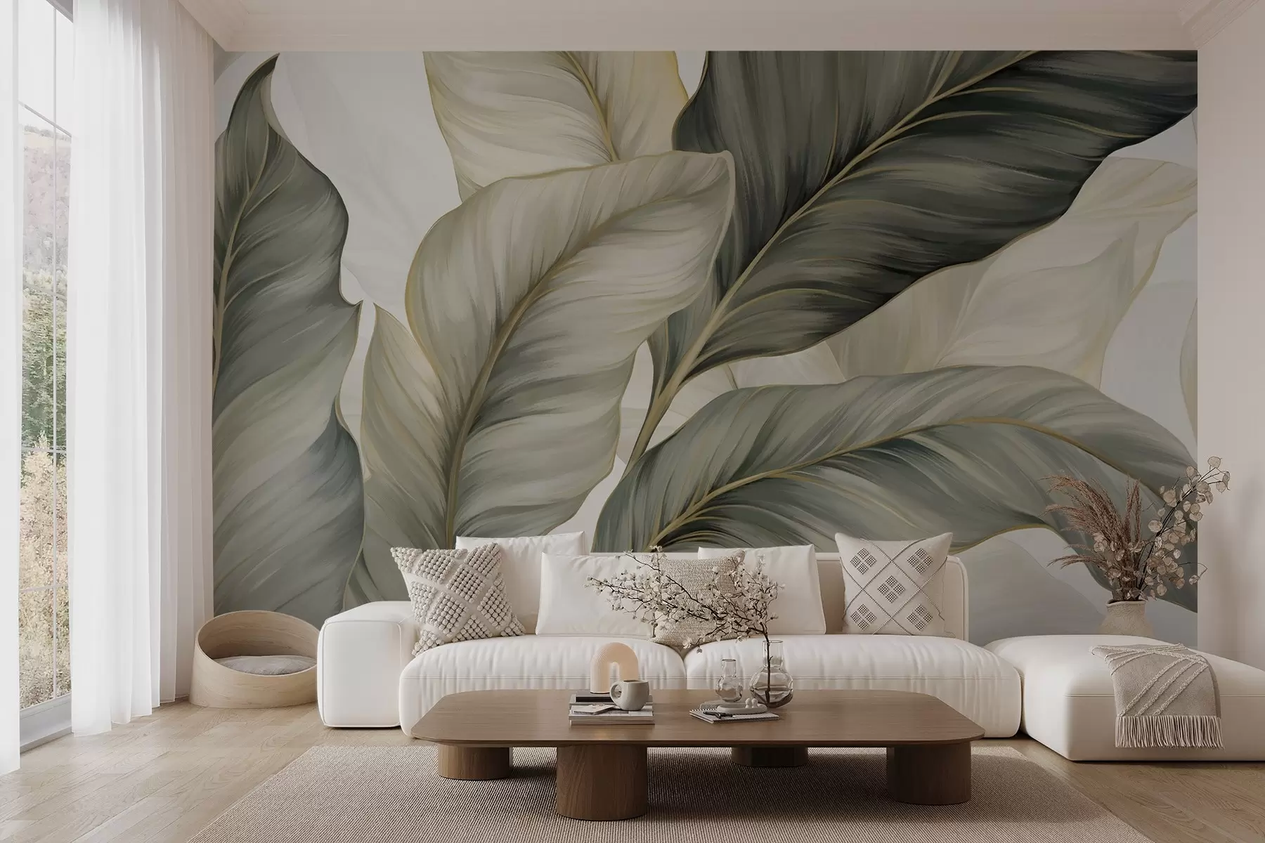 murales de pared Hojas grandes de textura estilizada con venas detalladas en varios tonos de verde, crema y beige w08785