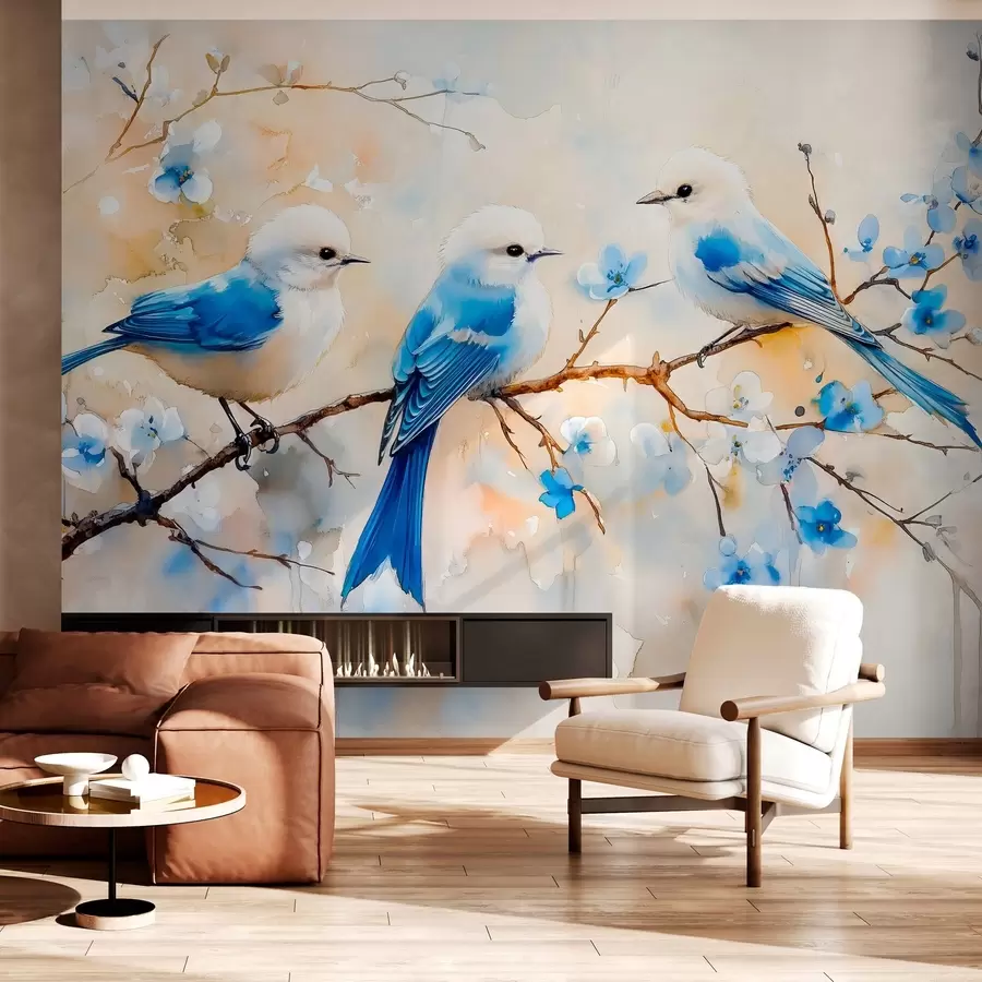 murales de pared pájaros cantores de primavera en una rama de árbol en estilo acuarela w03112