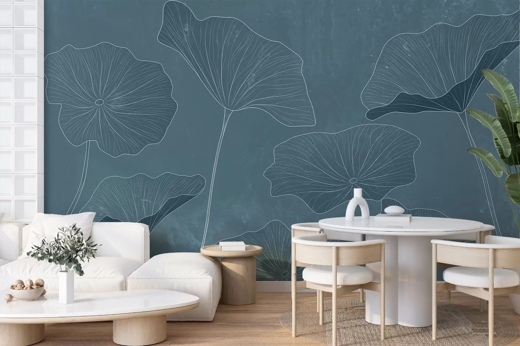 murales de pared Siluetas de elegantes hojas de loto sobre un fondo texturizado en tonos azul oscuro w03156