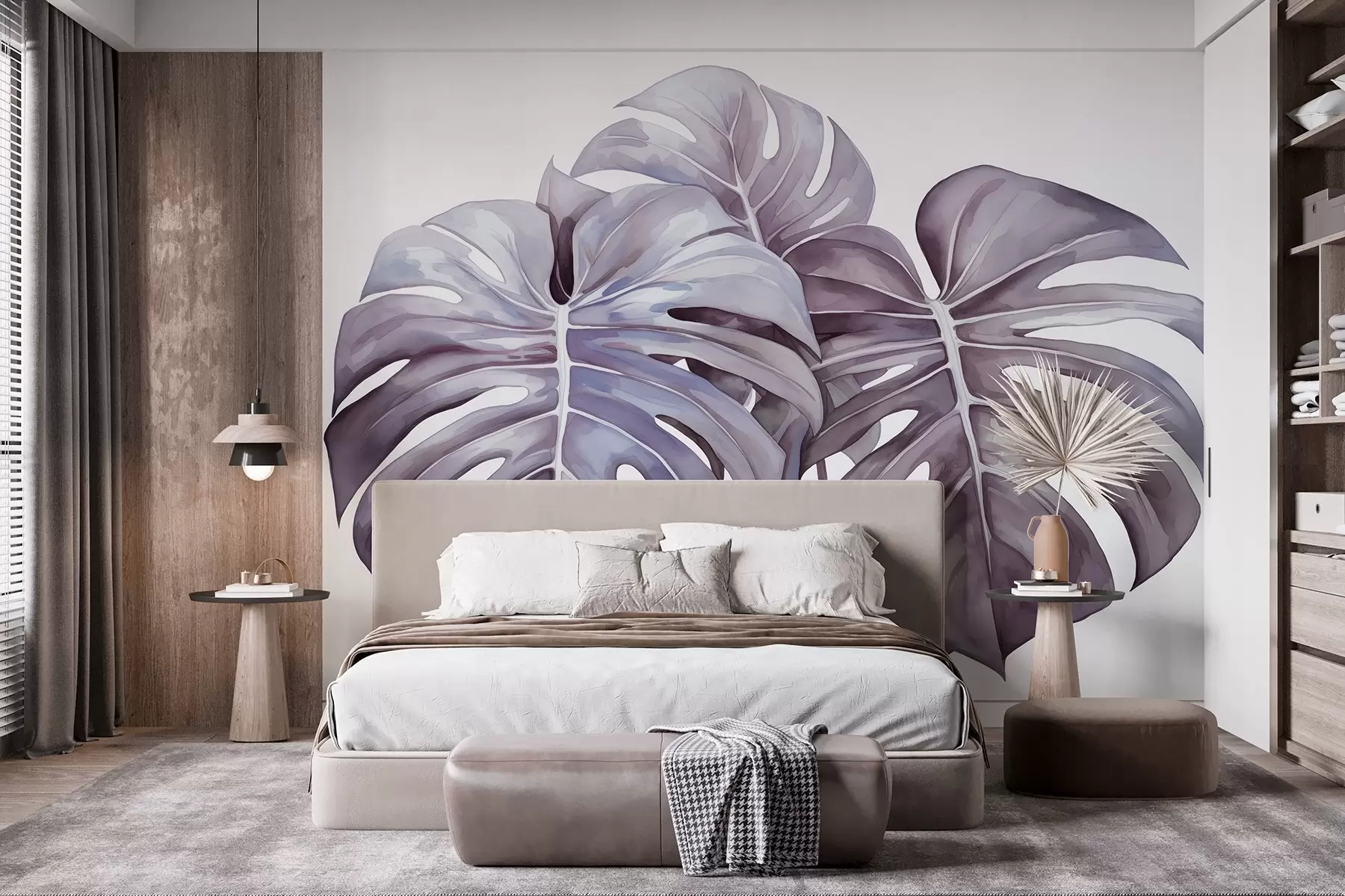 murales de pared Hojas grandes de monstera, plantas tropicales, dibujo estilo acuarela, colores violetas w03151v1