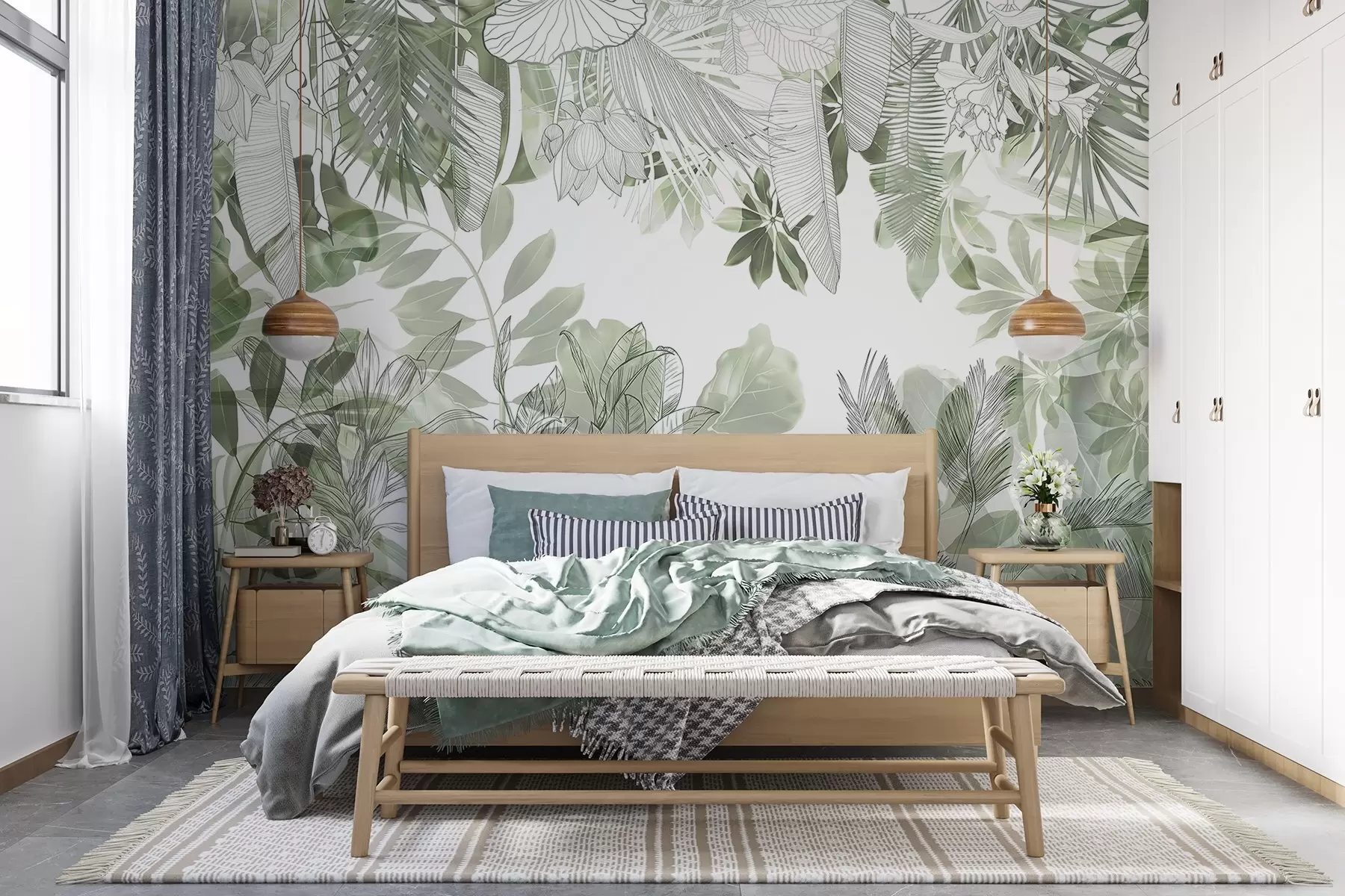 murales de pared Plantas y hojas tropicales con estampado de jungla verde sobre fondo blanco w08823