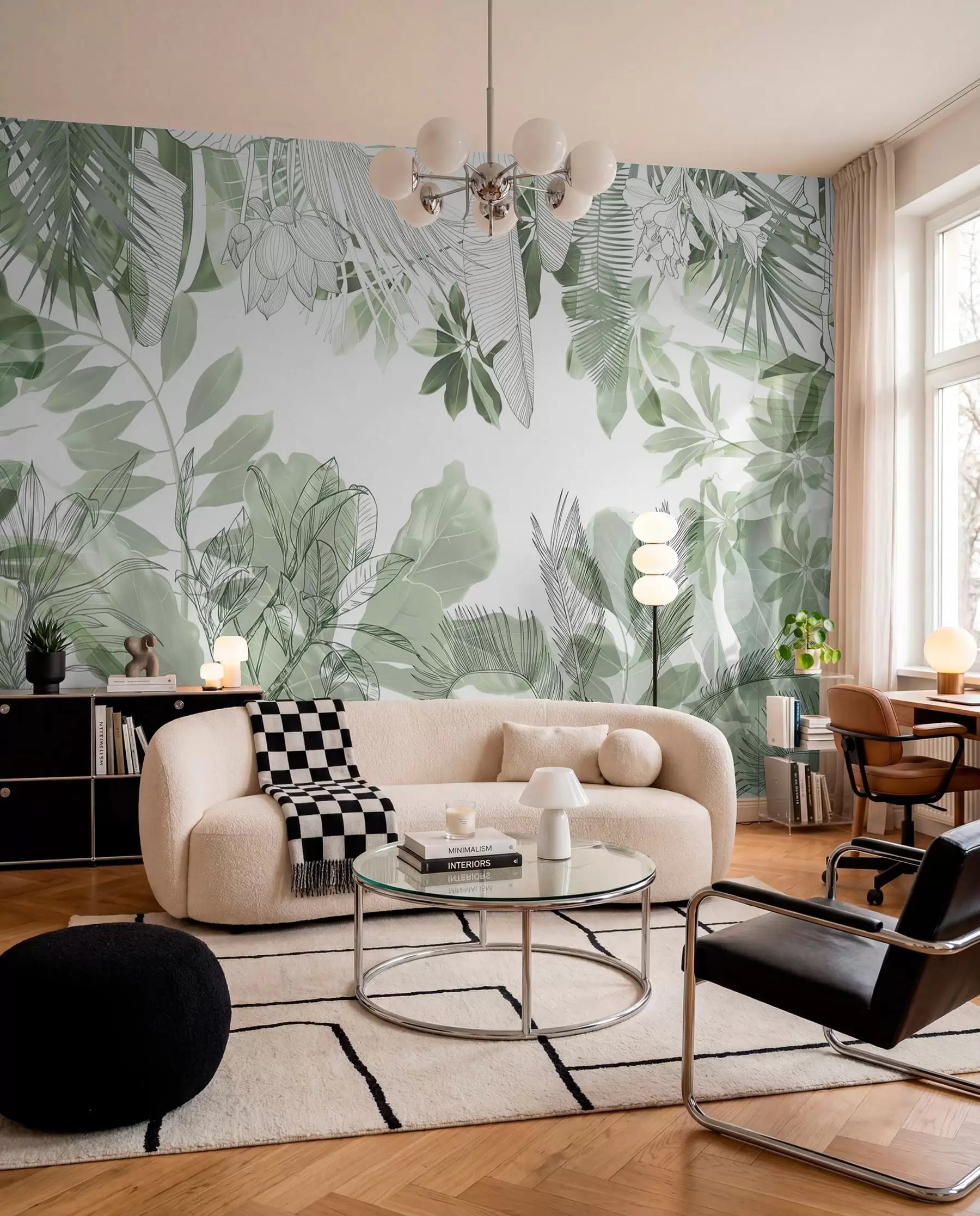 murales de pared Plantas y hojas tropicales con estampado de jungla verde sobre fondo blanco w08823