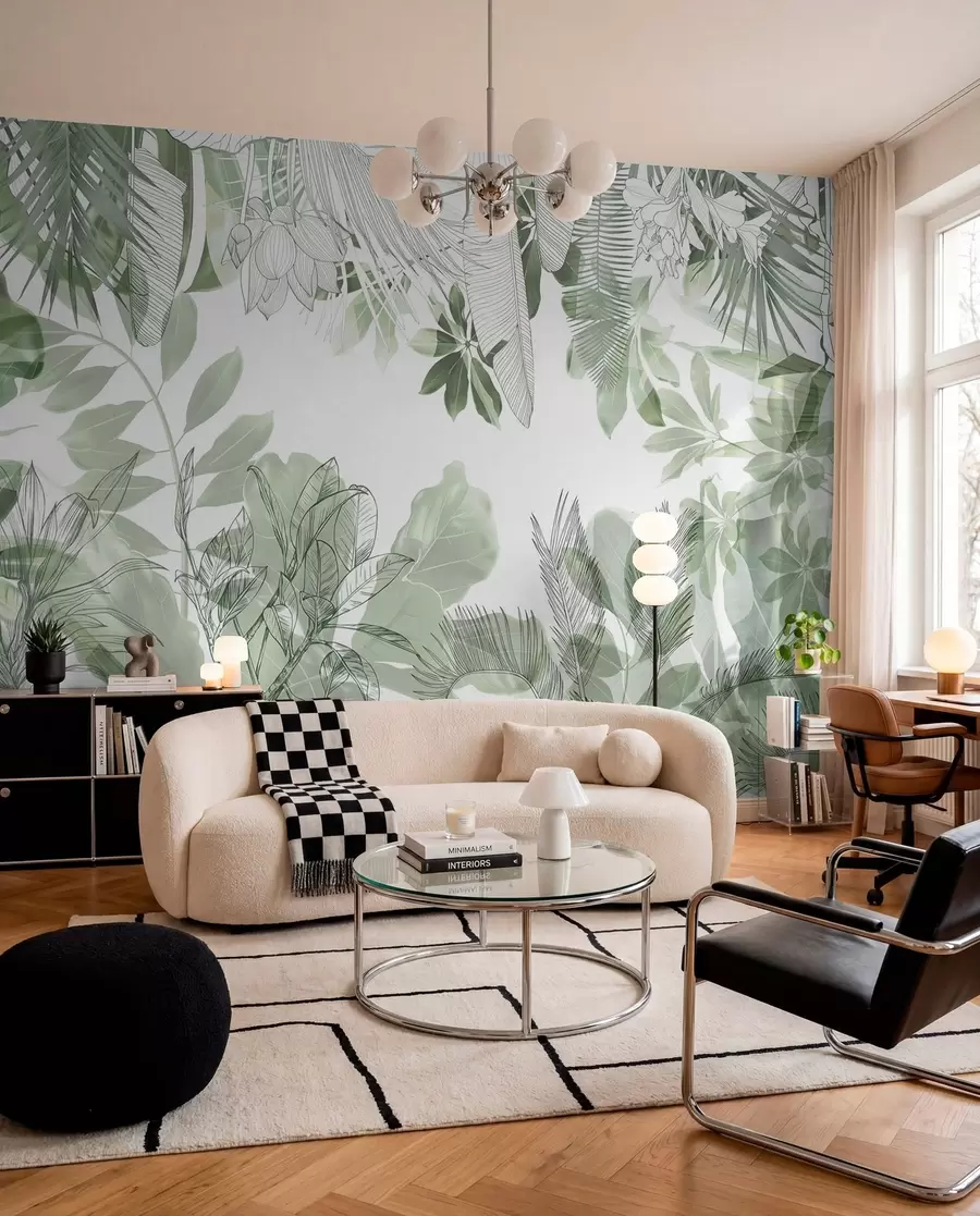 murales de pared Plantas y hojas tropicales con estampado de jungla verde sobre fondo blanco w08823