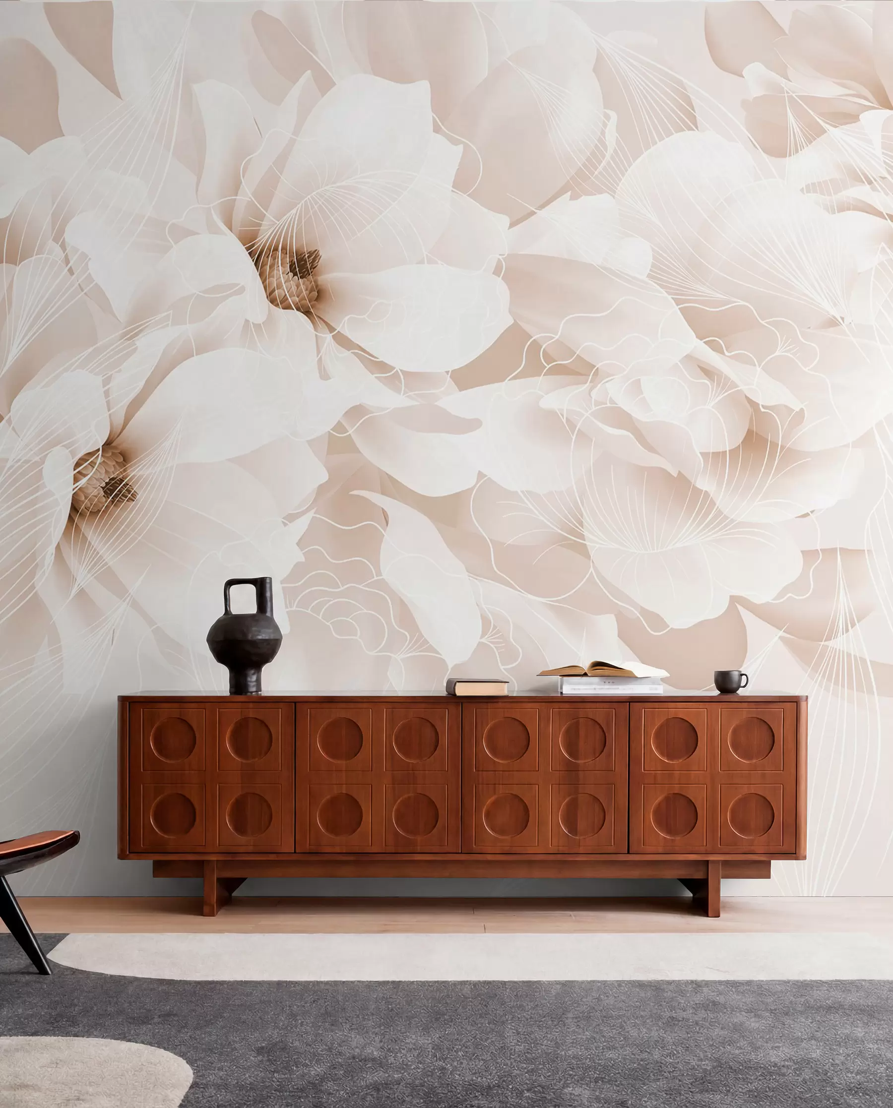 murales de pared Flores de peonía en tonos pastel con delicados pétalos blancos y beige y líneas blancas sobre fondo beige claro w08826v1
