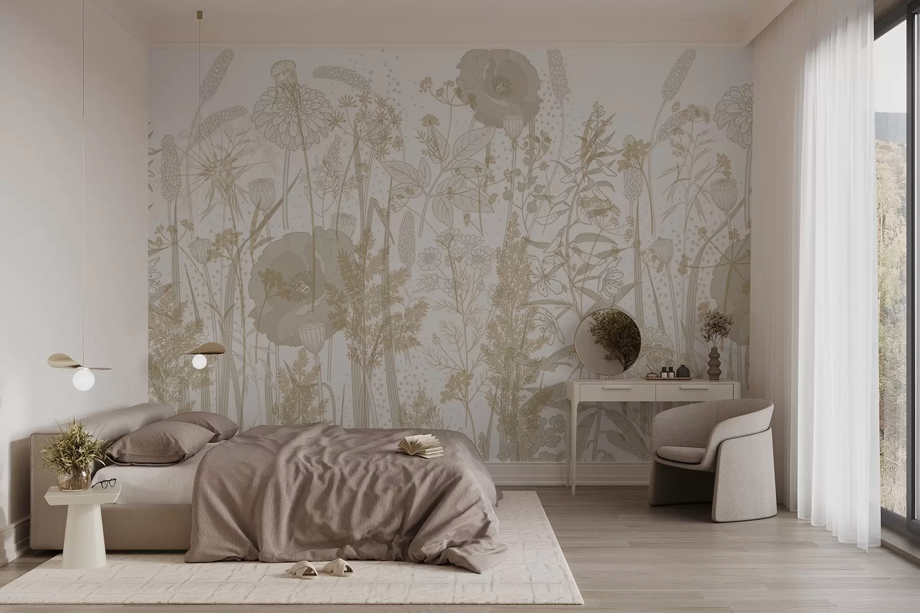 murales de pared Un campo de flores altas y hierba en tonos pastel beige claro sobre fondo blanco w08829v1