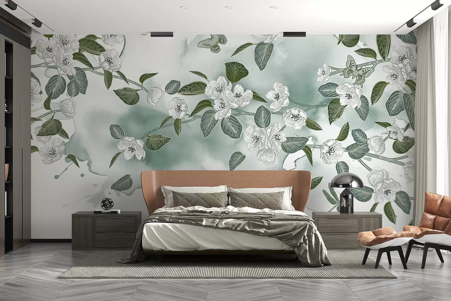 murales de pared Ramo de cerezo en flor con flores, hojas, mariposas sobre fondo verde claro con textura de acuarela w08831