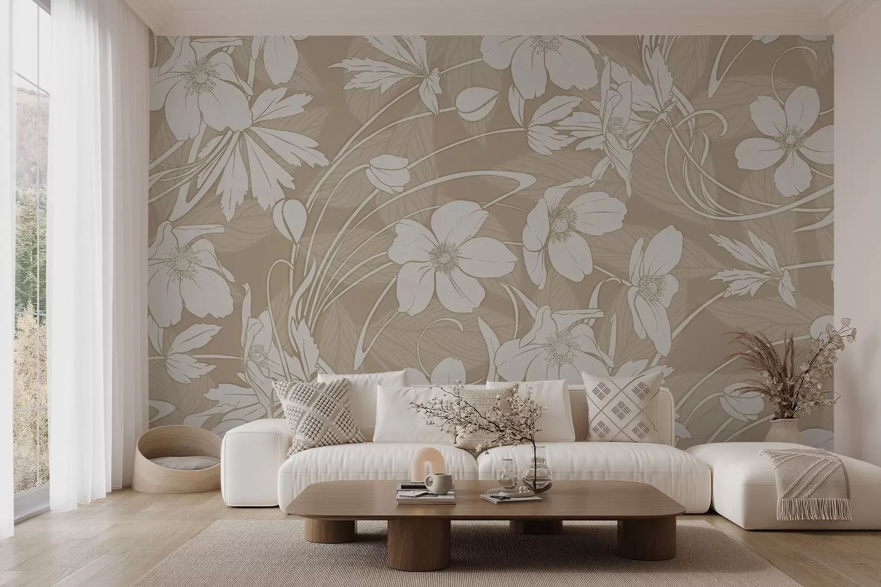 murales de pared Delicado estampado minimalista de flores y hojas blancas sobre fondo beige w08832