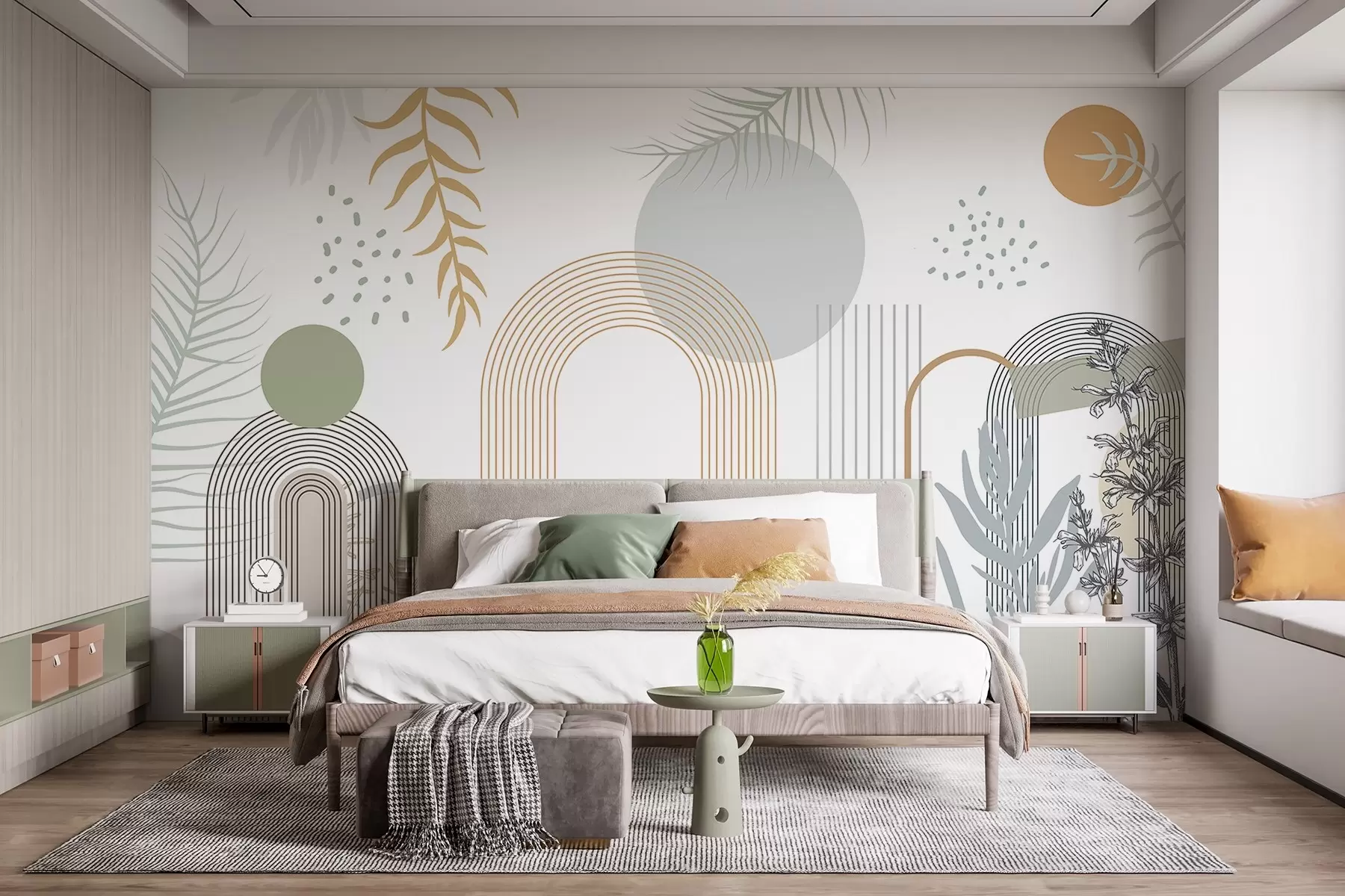 murales de pared Estampado abstracto con formas geométricas, arcos y hojas tropicales sobre fondo blanco w08835