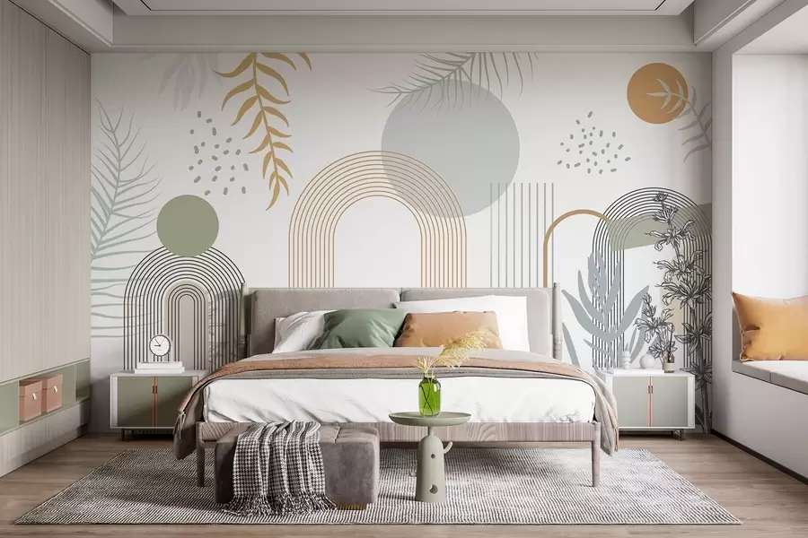 murales de pared Estampado abstracto con formas geométricas, arcos y hojas tropicales sobre fondo blanco w08835