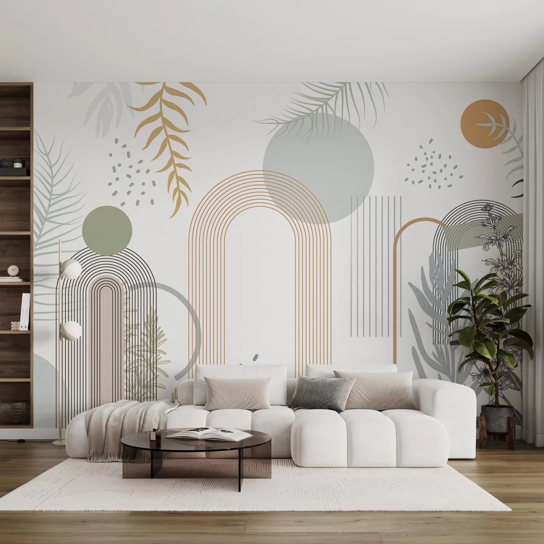 murales de pared Estampado abstracto con formas geométricas, arcos y hojas tropicales sobre fondo blanco w08835