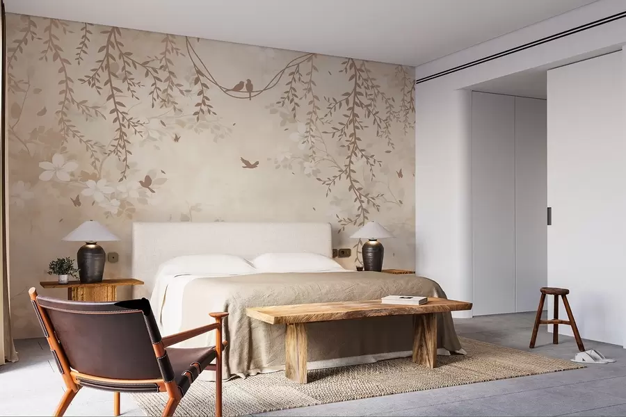 murales de pared Pájaros con plantas colgantes y un motivo floral en tonos beige-crema claro w08809