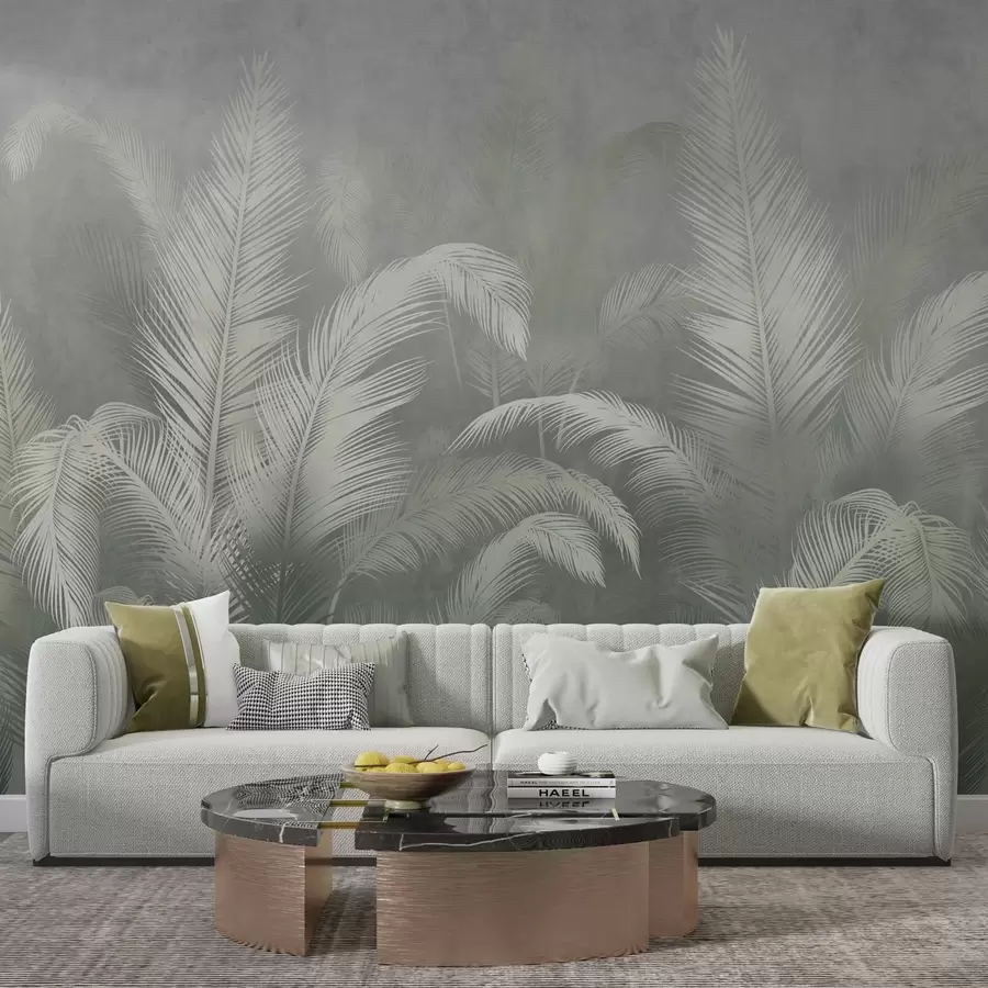 murales de pared Hojas de palmera tropical en estilo grunge en color verde w03250v2