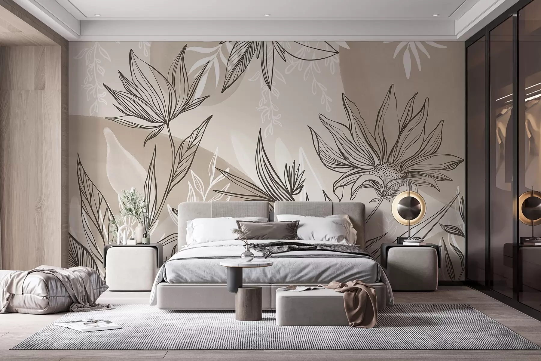 murales de pared Línea floral con grandes hojas y flores sobre un fondo de acuarela beige  w08865v1