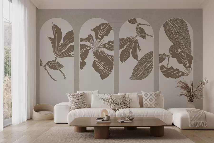 murales de pared Elegantes arcos con diseños florales en beige y blanco, sobre fondo beige texturado, estilo minimalista w08866