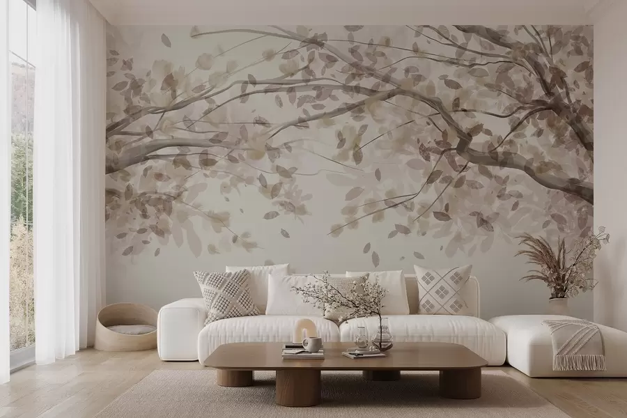 murales de pared Ramas en flor con hojas beige, colores suaves, detalles delicados, estilo acuarela, sobre fondo claro w08867v1