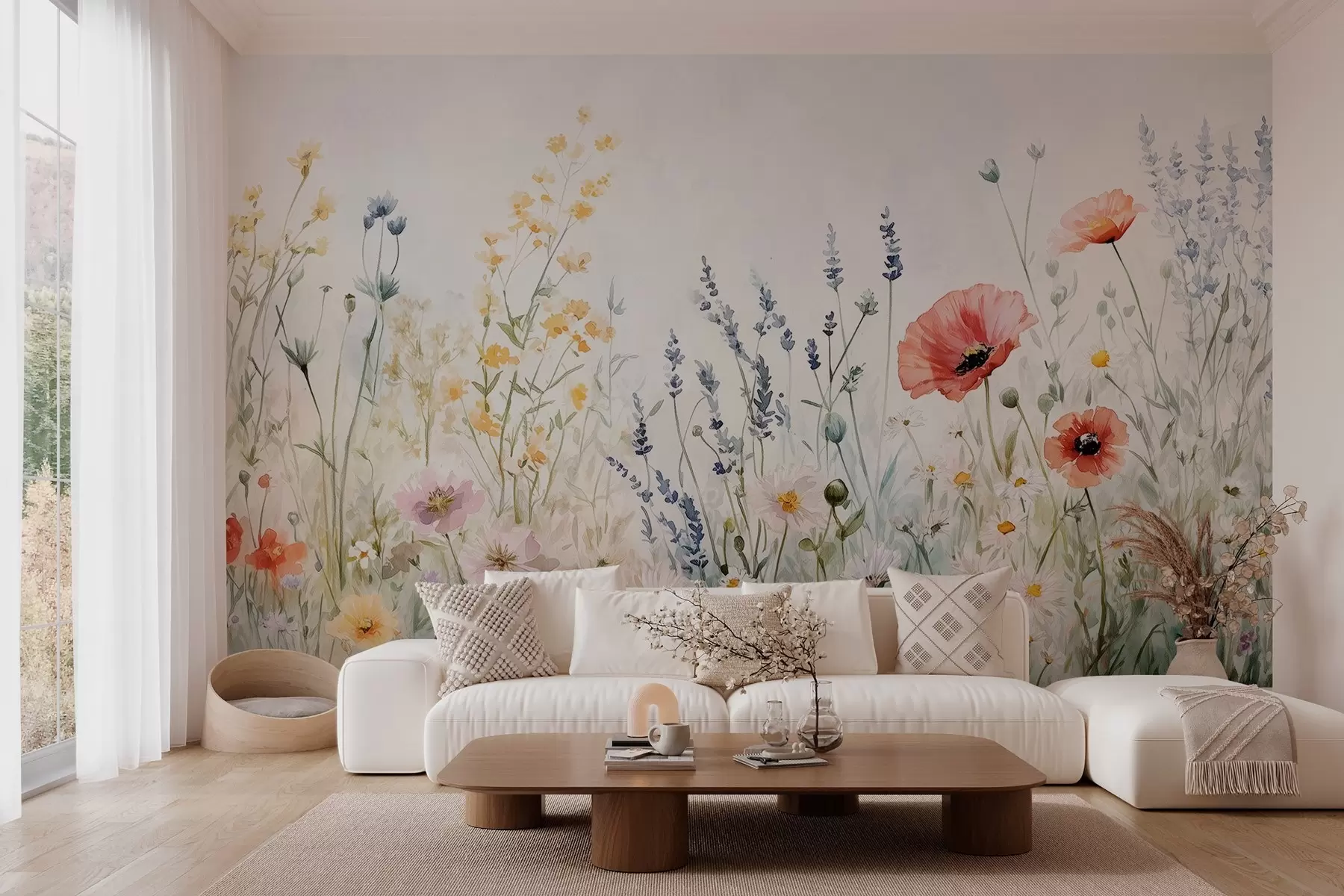 murales de pared flores silvestres y amapolas en la técnica de los trazos w03281
