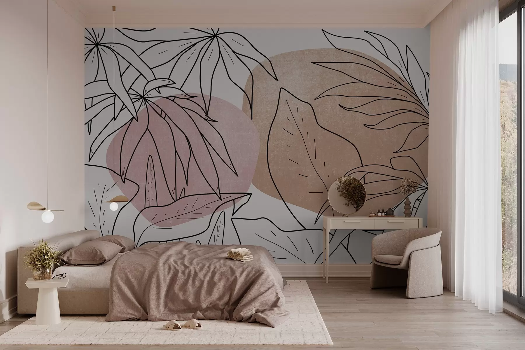 murales de pared Dibujo lineal de plantas sobre un fondo de manchas w03278