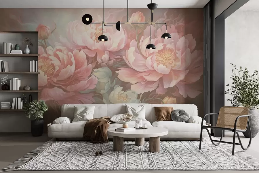 murales de pared Peonías de cuento en estilo pincelada en tonos cálidos w08879v2