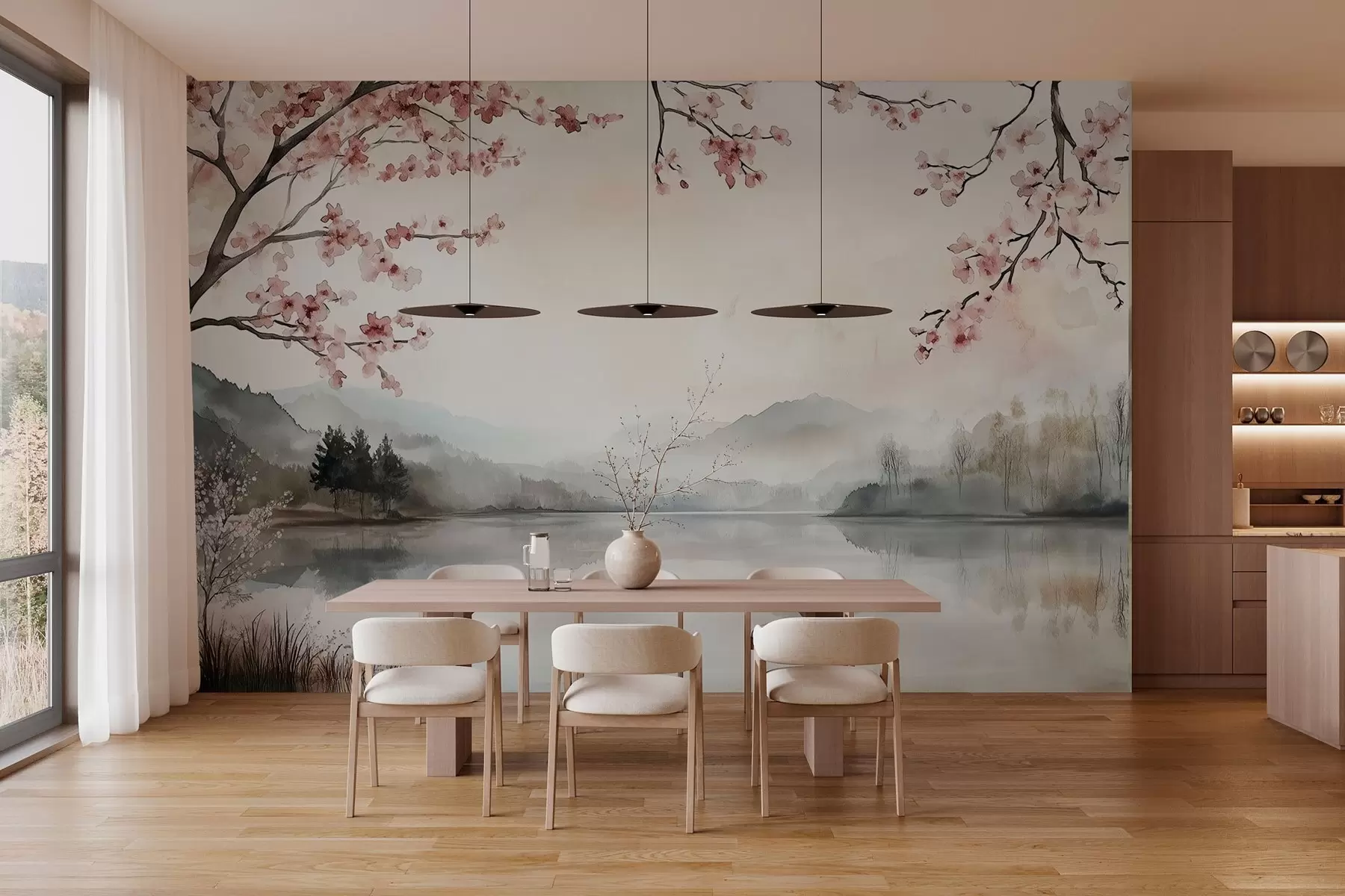 murales de pared tranquilo paisaje en acuarela con un lago y un árbol en flor w03282