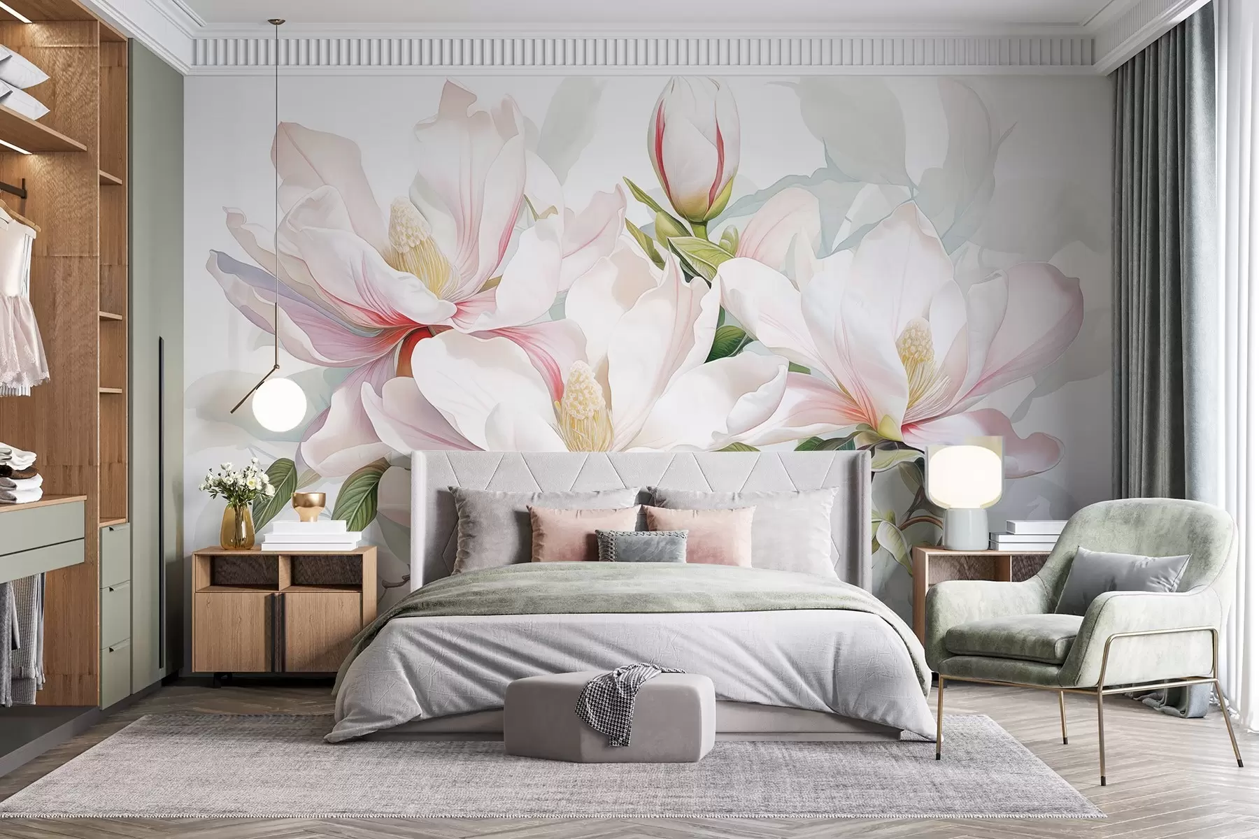 murales de pared Flores de magnolia con pétalos blancos y rosas, hojas y ramas marrones, estilo acuarela suave y delicada w08885