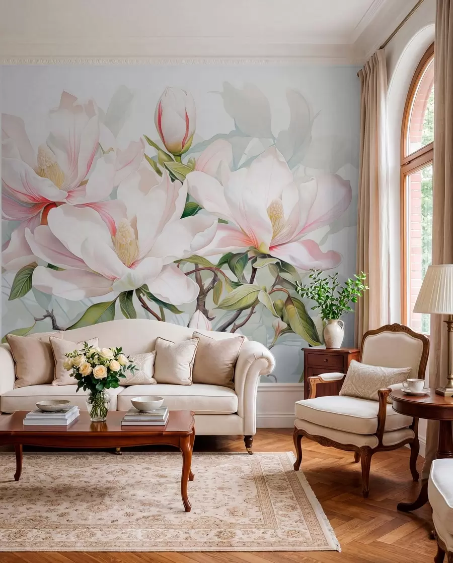 murales de pared Flores de magnolia con pétalos blancos y rosas, hojas y ramas marrones, estilo acuarela suave y delicada w08885