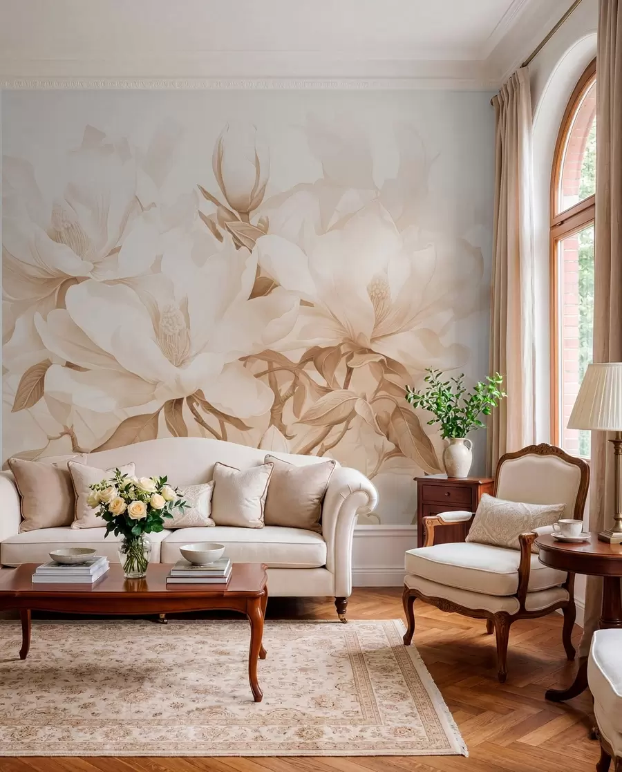 murales de pared Flores de magnolia con pétalos blancos y beige, hojas y ramas marrones, estilo acuarela suave y delicada w08886