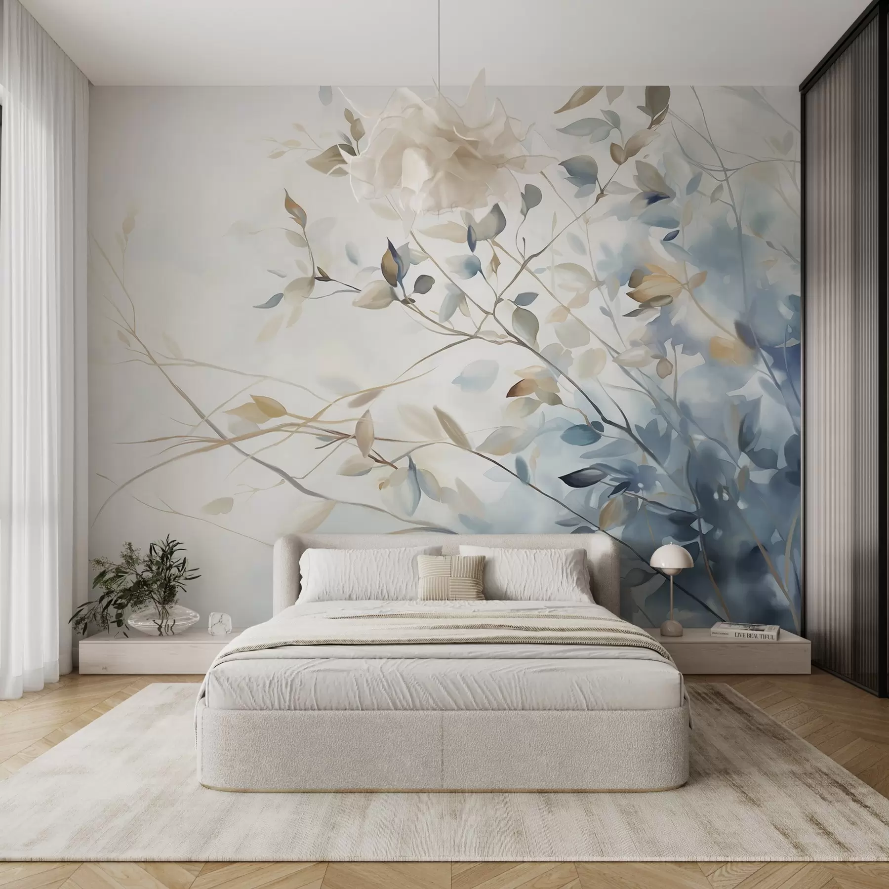 murales de pared Ramas con hojas en tonos azules y marrones, fondo claro, suave y delicado, estilo acuarela w08900