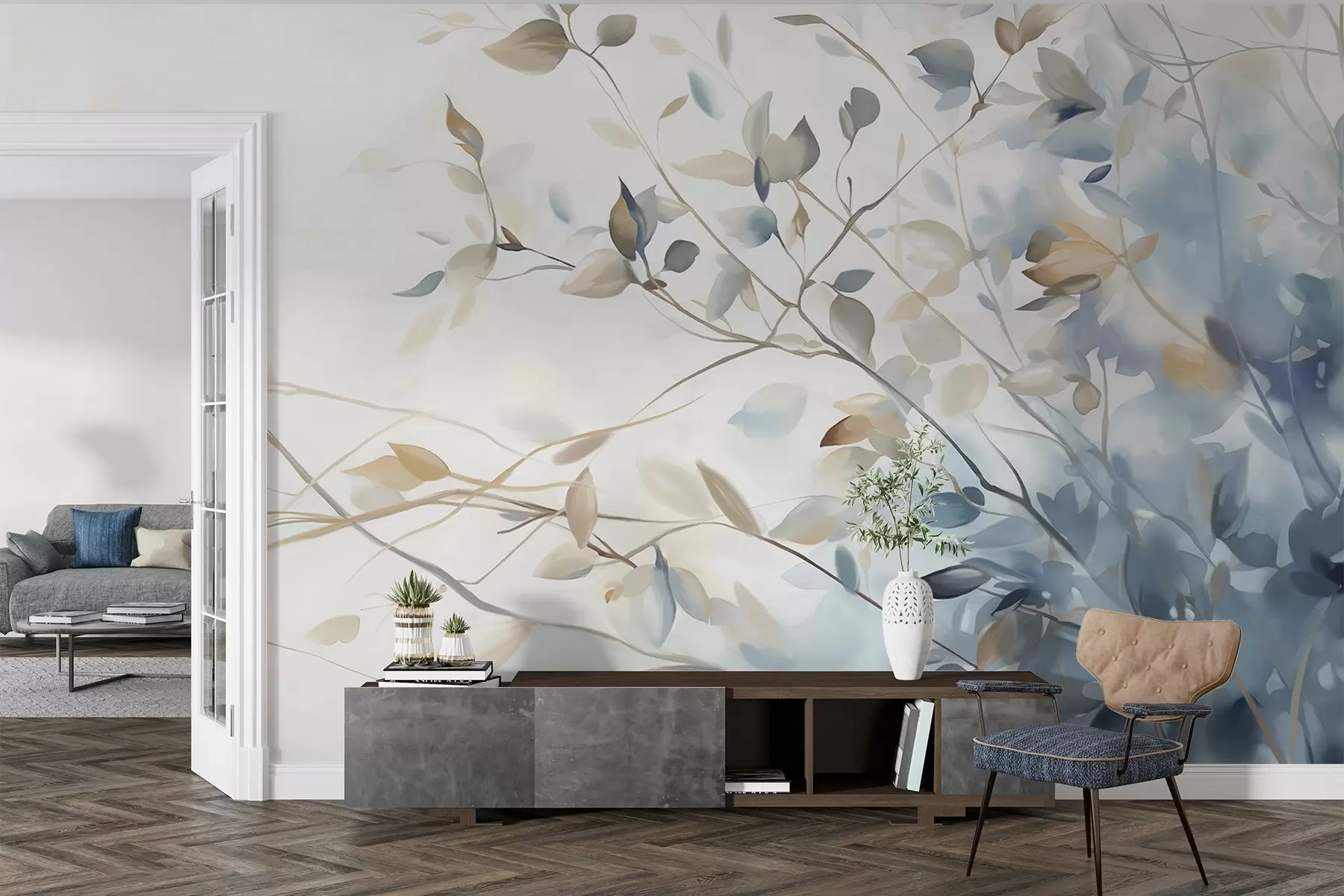 murales de pared Ramas con hojas en tonos azules y marrones, fondo claro, suave y delicado, estilo acuarela w08900