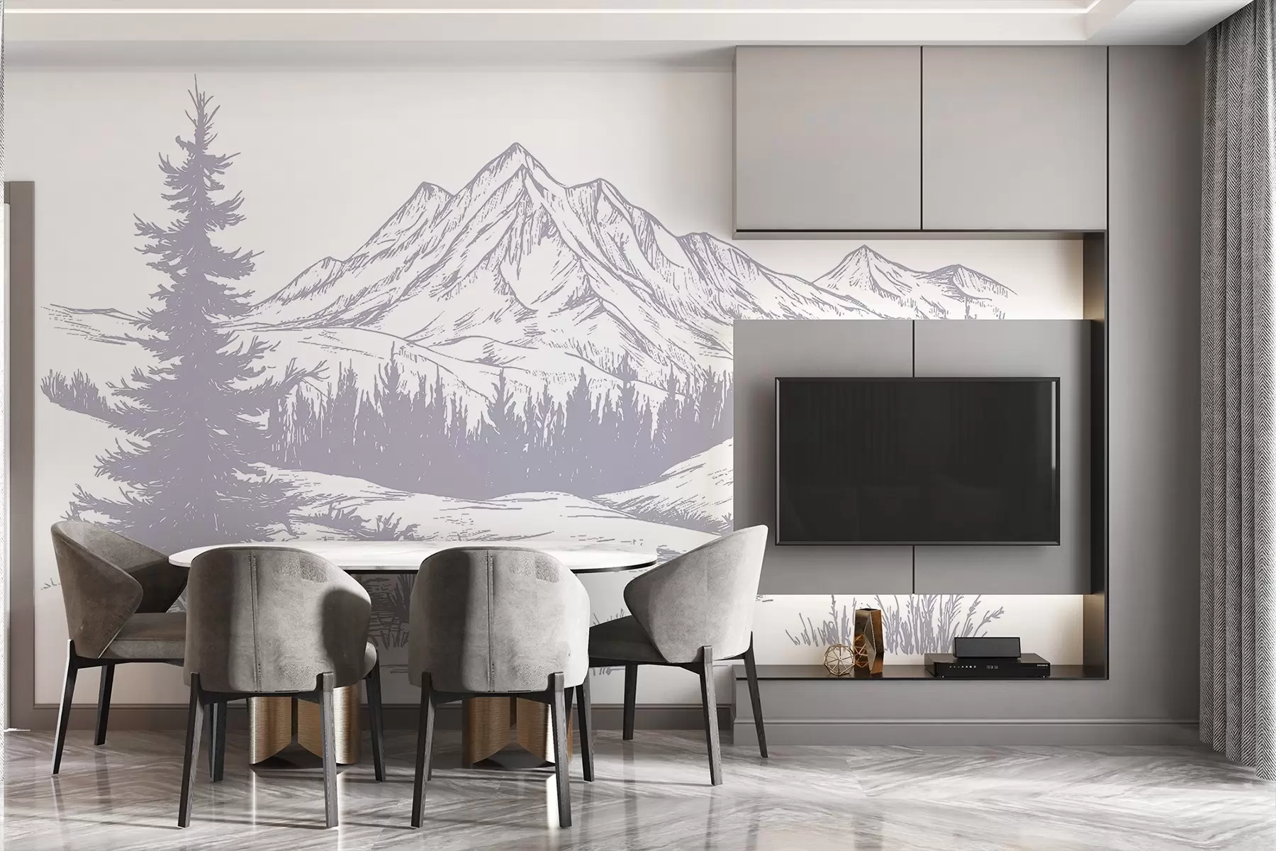 murales de pared Paisaje de montañas con pinos, bosque, naturaleza, suave color púrpura w03344v2