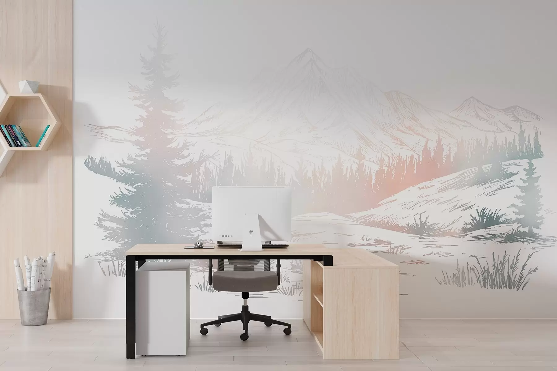 murales de pared Paisaje de montaña con pinos, bosque, naturaleza, colorido w03344v4