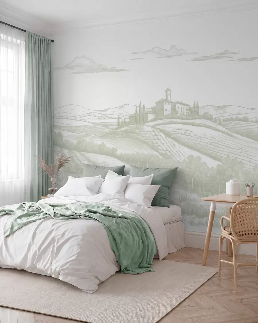 murales de pared Paisajes de la Toscana, Italia, viñedos, naturaleza, castillo antiguo, colores verdes w03349v2