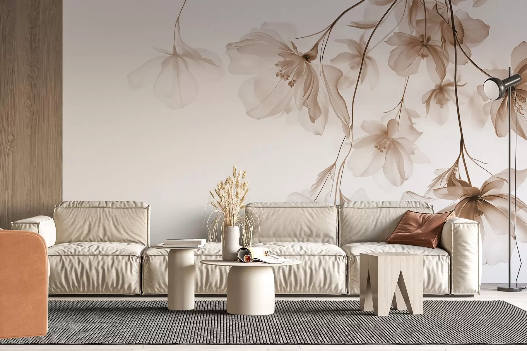murales de pared Flores beige con pétalos translúcidos colgando de una rama, beige y blanco, composición minimalista de arte moderno w08911v1
