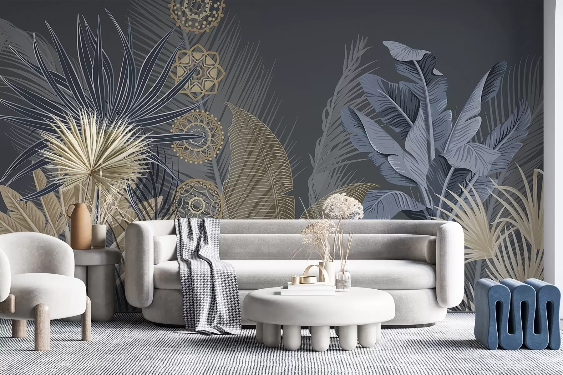 murales de pared Hojas tropicales en tonos azules y marrones, hojas de palmera, hojas de plátano y adornos de mandala, fondo oscuro w08913