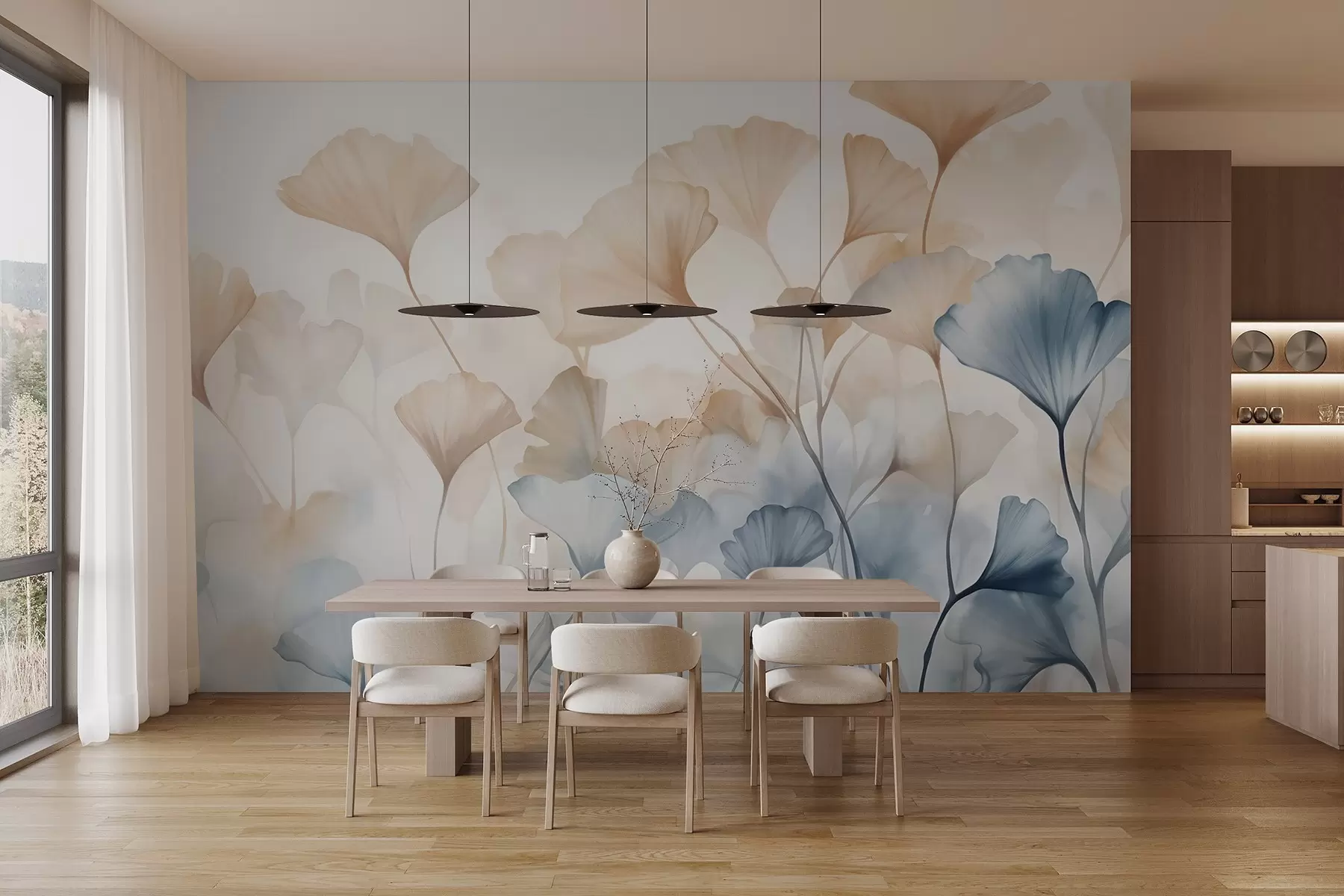 murales de pared Hojas de ginkgo en acuarela azul y naranja, pétalos translúcidos, tallos delicados, paleta de colores suaves w08917