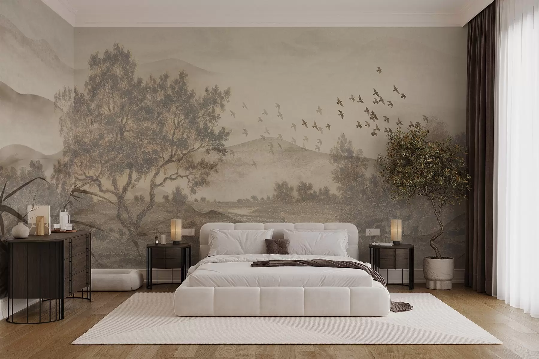 murales de pared Paisaje vintage texturizado con un árbol cerca de un río y un cielo nublado, arte de la naturaleza en tonos sepia w08920