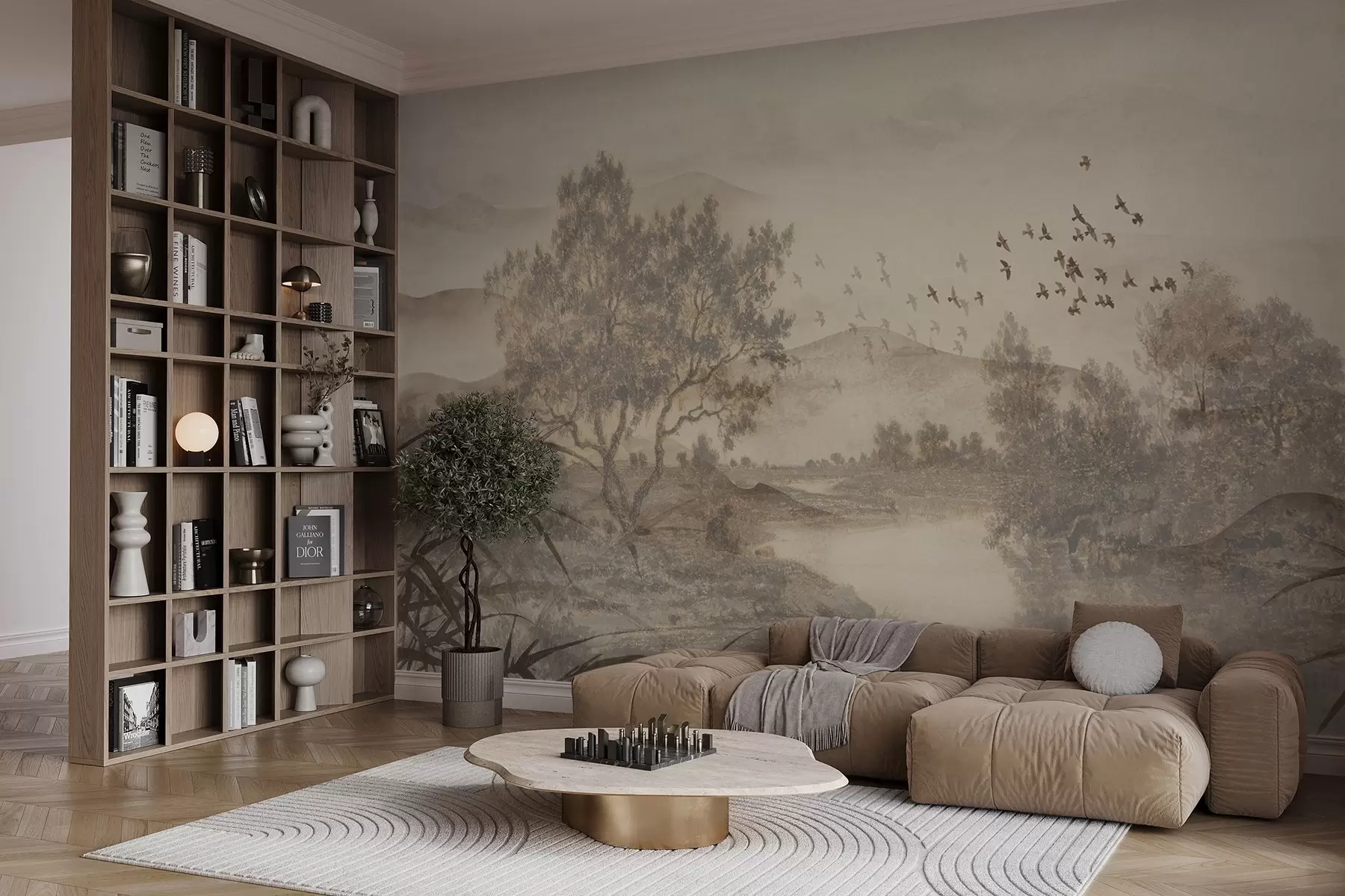 murales de pared Paisaje vintage texturizado con un árbol cerca de un río y un cielo nublado, arte de la naturaleza en tonos sepia w08920