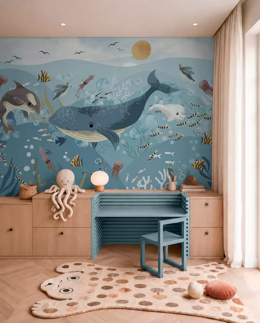 murales de pared Ballena azul bajo las olas w08921