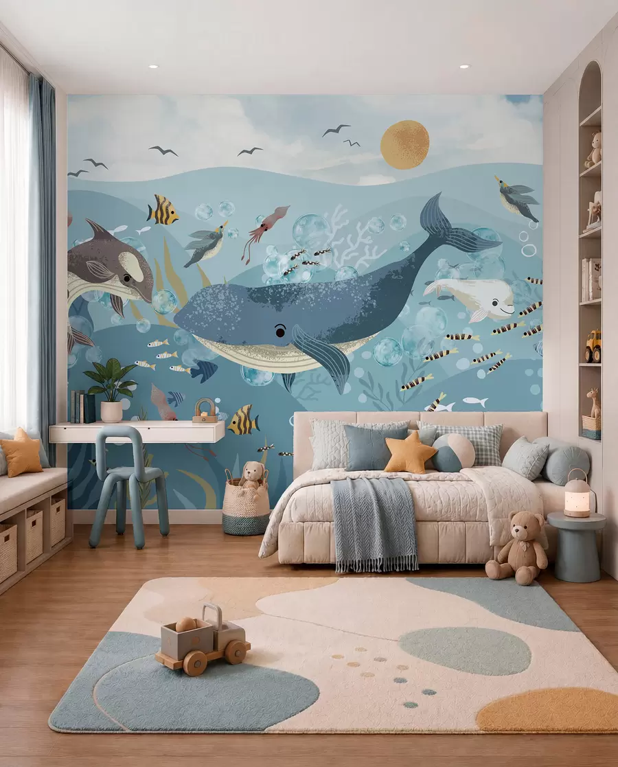 murales de pared Ballena azul bajo las olas w08921